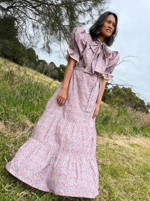 100% RECYCLED COTTON - FLEUR MAXI DRESS PUSSY BOW LILAC FLORAL