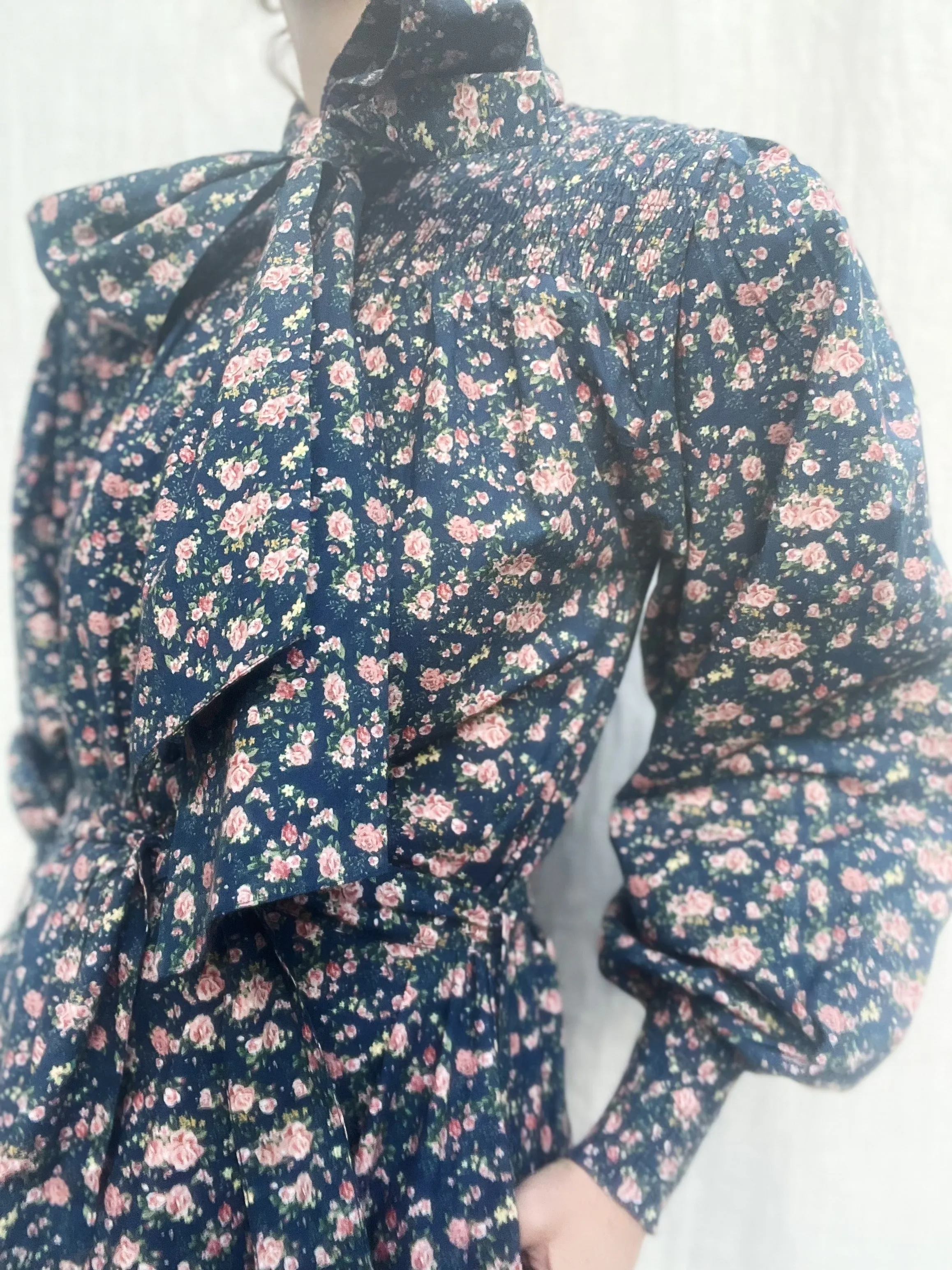 100% RECYCLED COTTON - FLEUR MAXI DRESS PUSSY BOW VINTAGE NAVY FLORAL