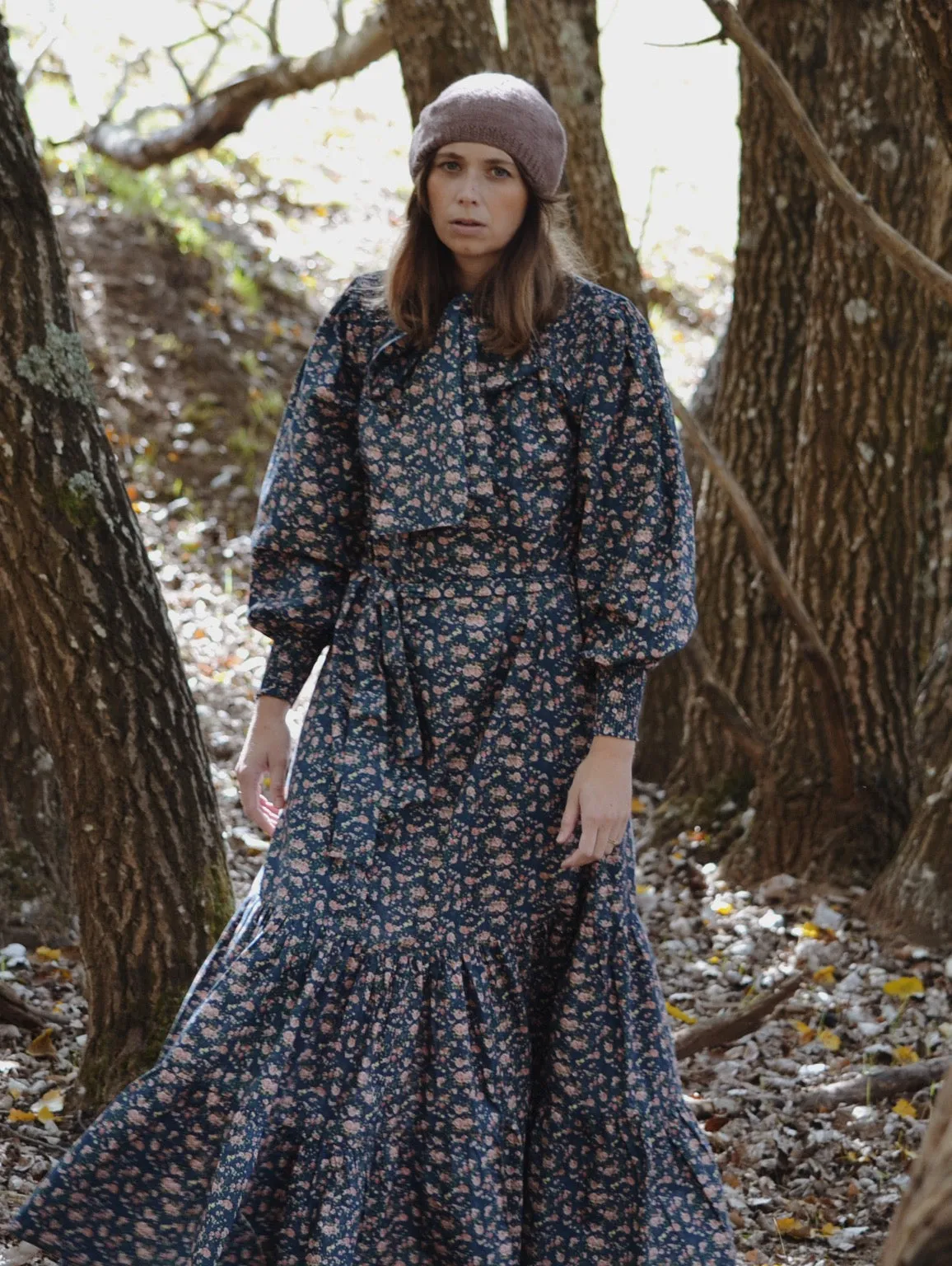 100% RECYCLED COTTON - FLEUR MAXI DRESS PUSSY BOW VINTAGE NAVY FLORAL