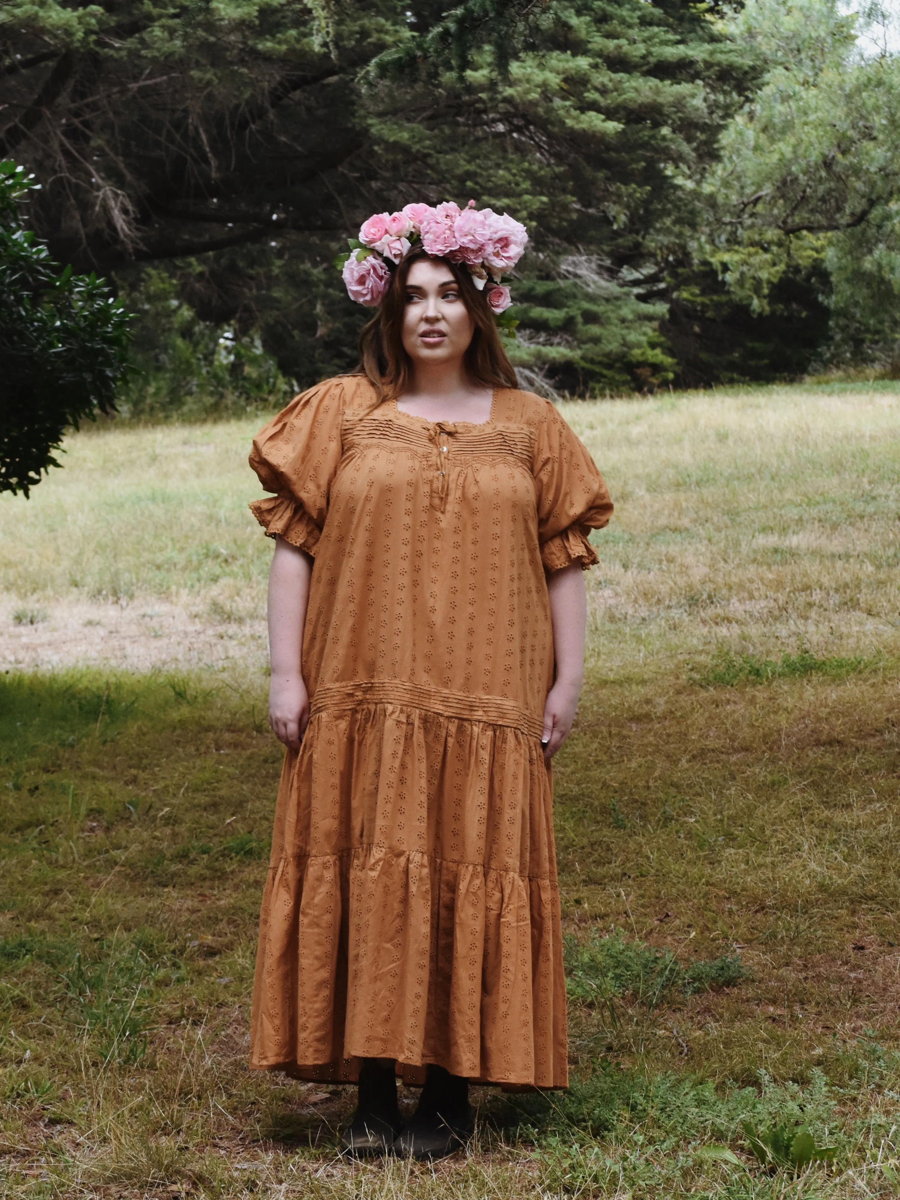 100% RECYCLED COTTON - MORNING SONG HAND SMOCKED TIERED DRESS - COPPER