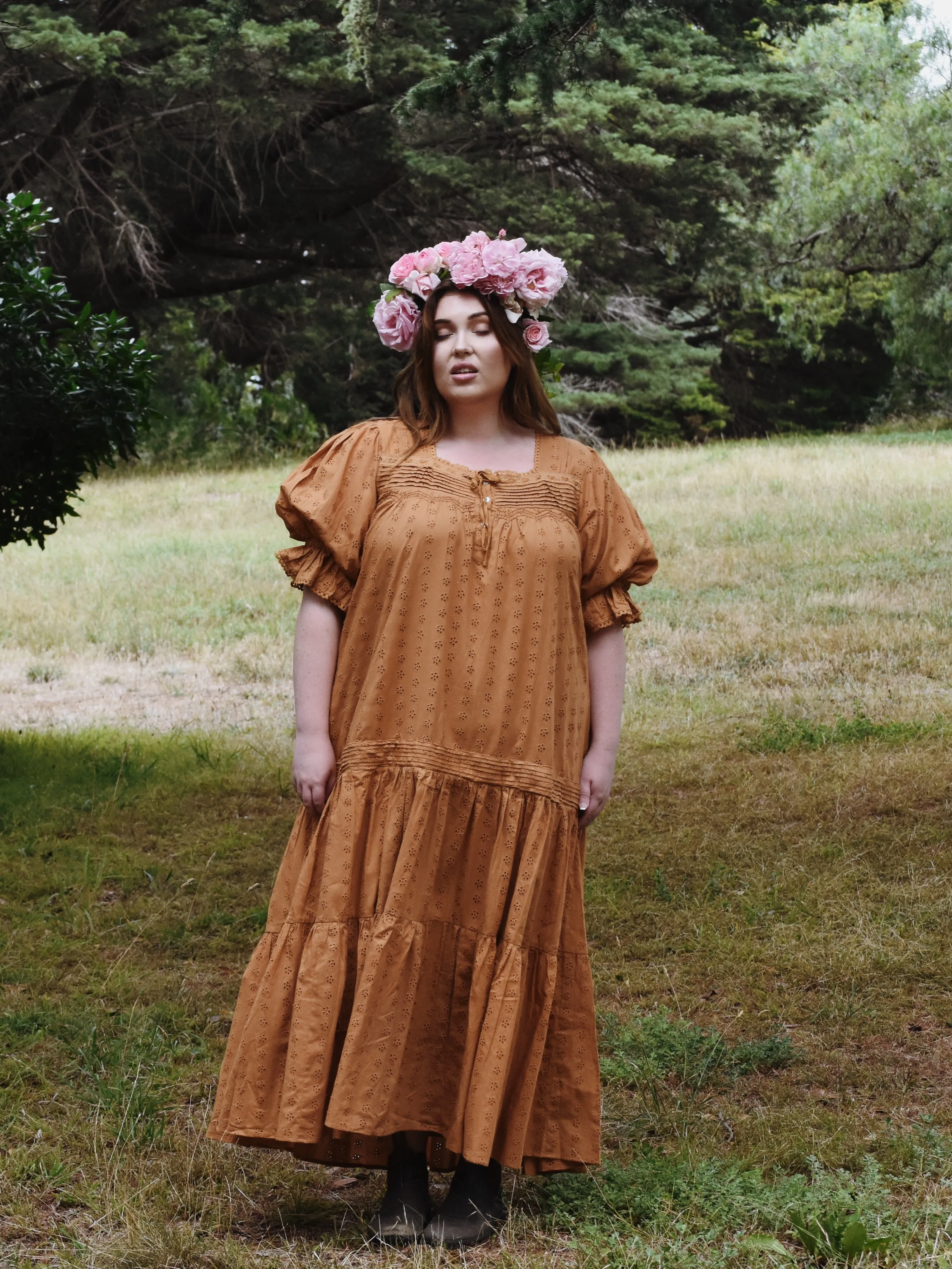 100% RECYCLED COTTON - MORNING SONG HAND SMOCKED TIERED DRESS - COPPER