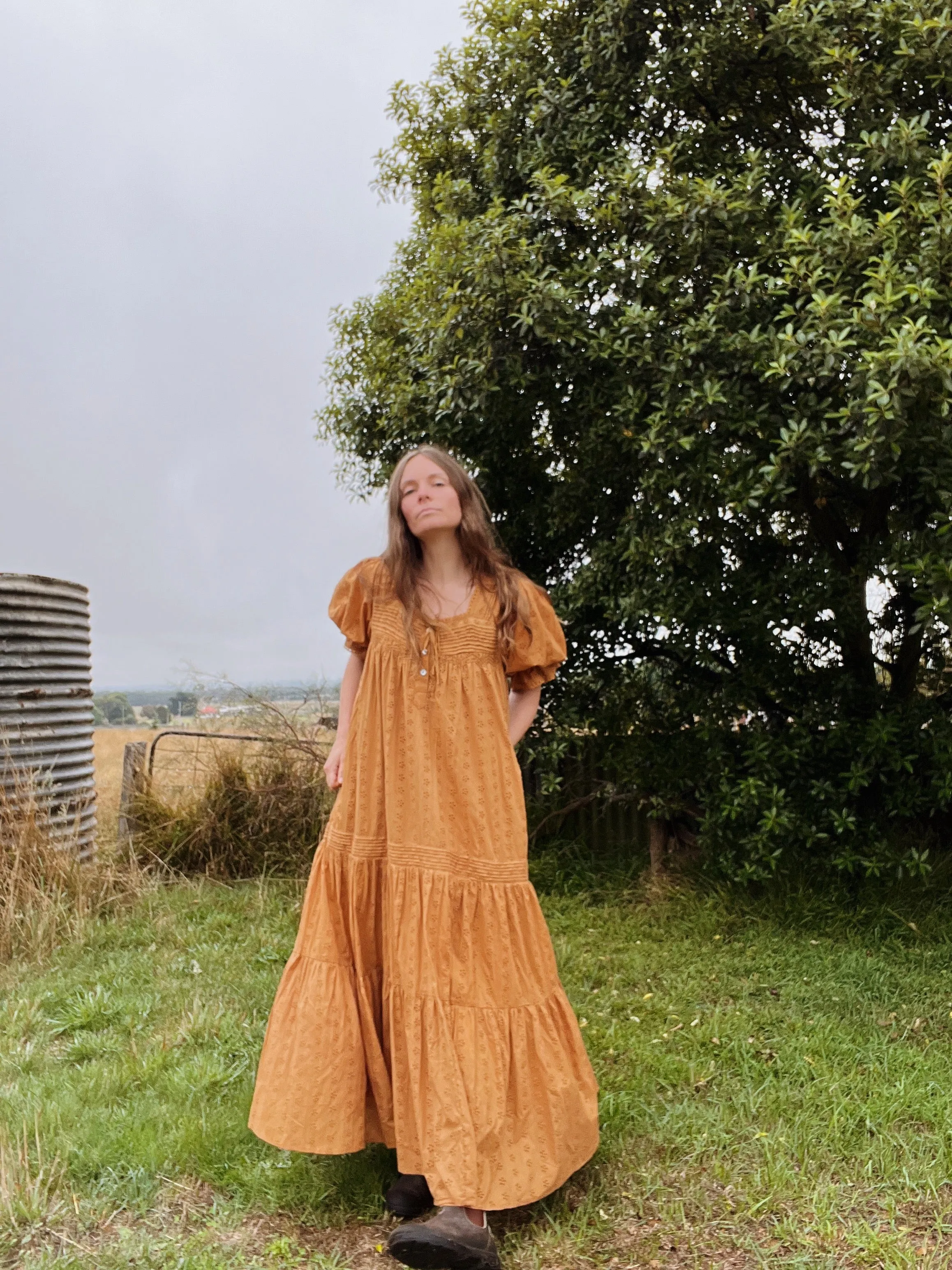 100% RECYCLED COTTON - MORNING SONG HAND SMOCKED TIERED DRESS - COPPER