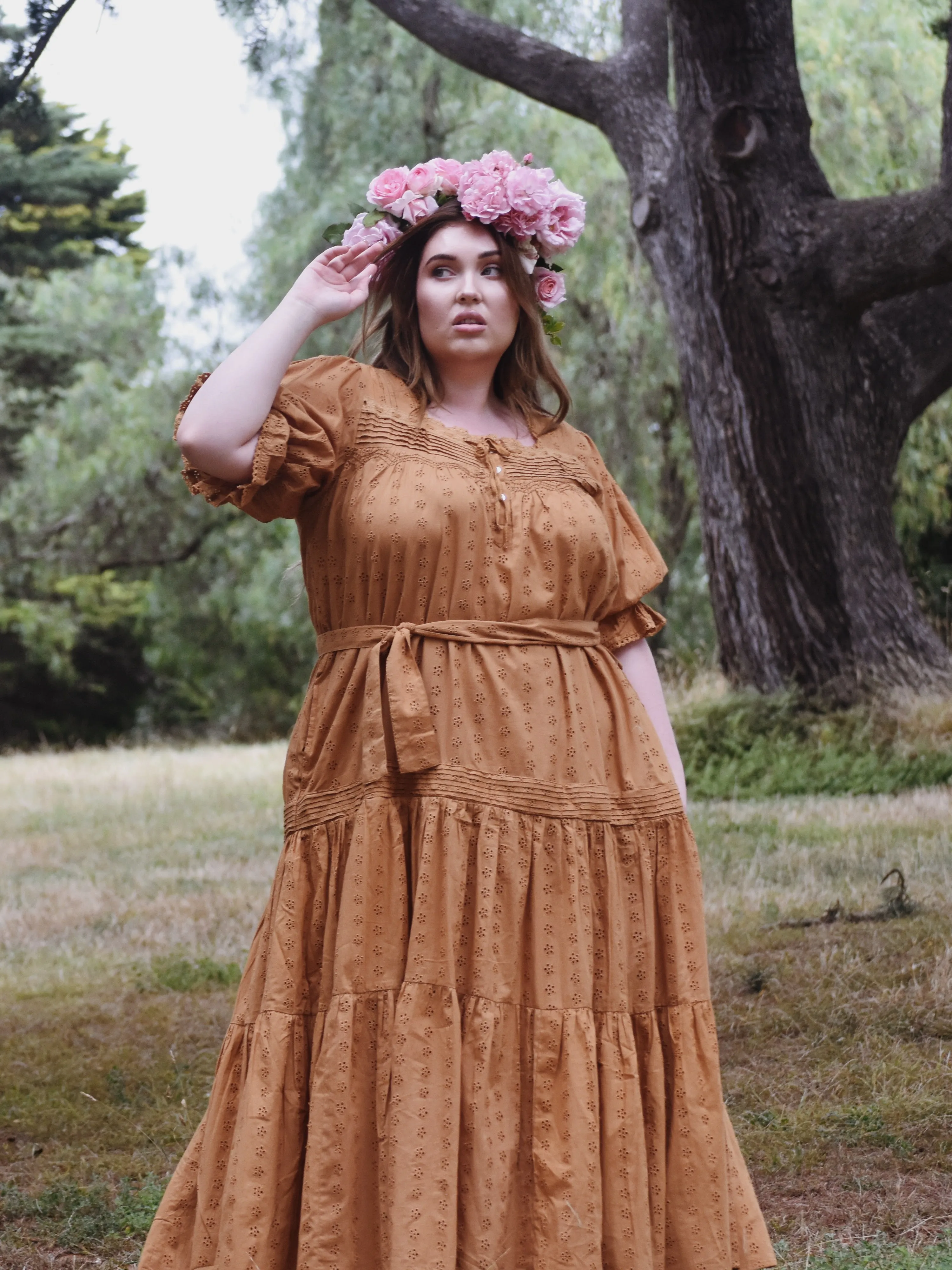 100% RECYCLED COTTON - MORNING SONG HAND SMOCKED TIERED DRESS - COPPER