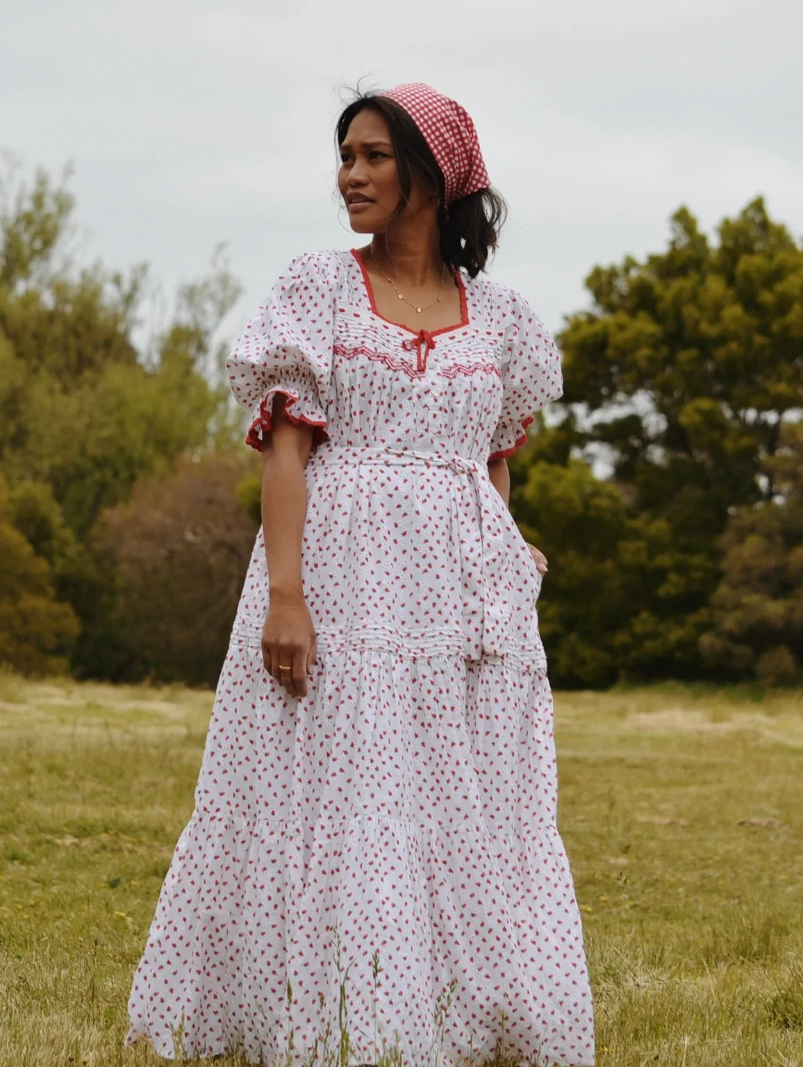 100% RECYCLED COTTON - MORNING SONG HAND SMOCKED TIERED DRESS - STRAWBERRY EMBROIDERED COTTON