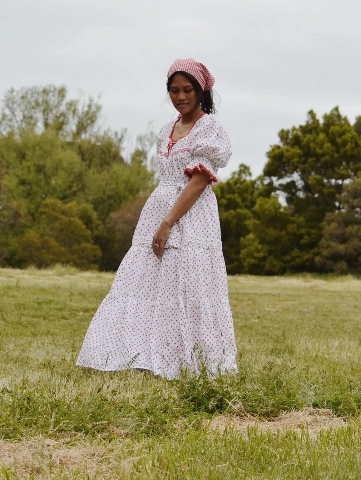 100% RECYCLED COTTON - MORNING SONG HAND SMOCKED TIERED DRESS - STRAWBERRY EMBROIDERED COTTON