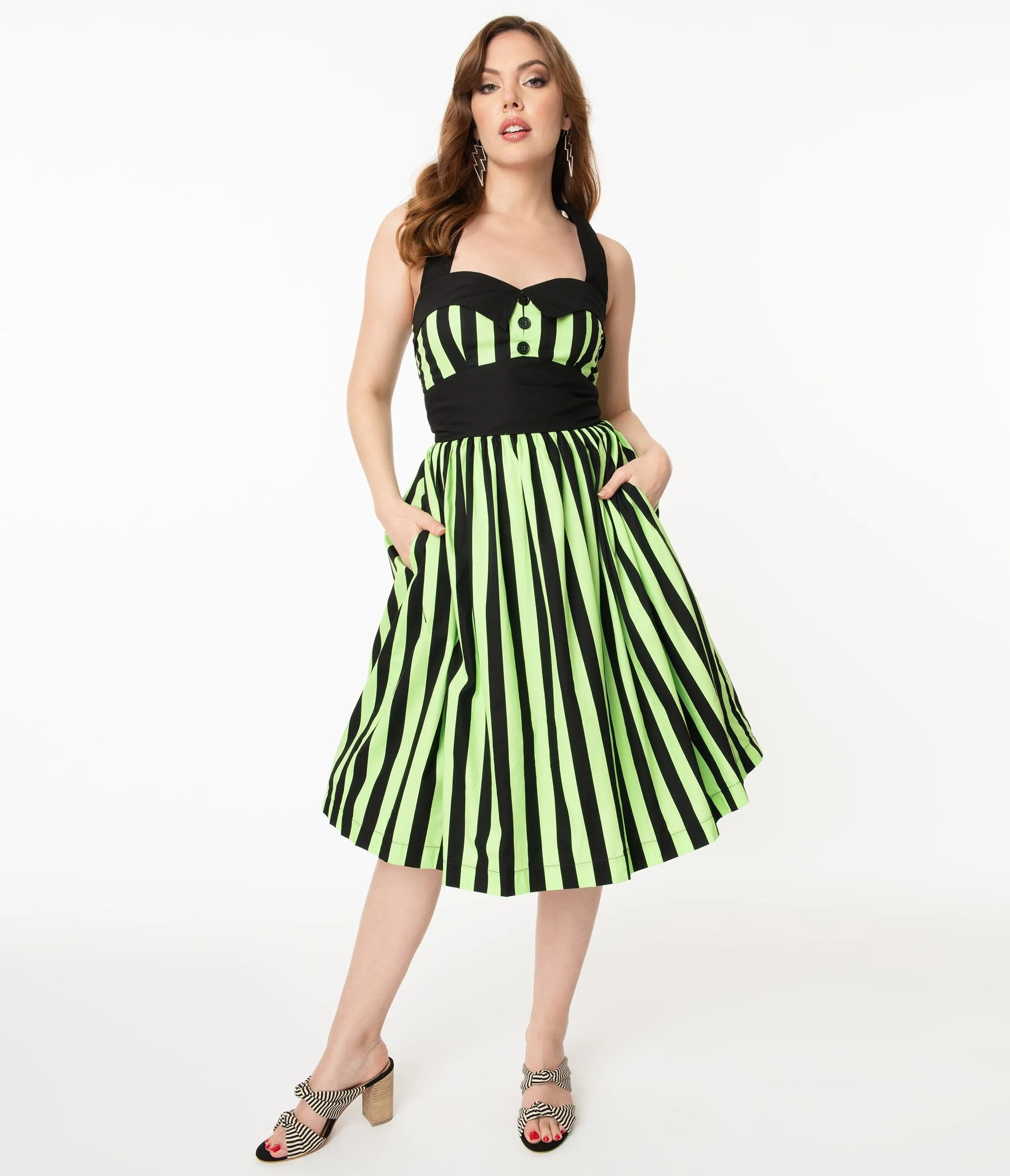 1950s Style Neon Green & Black Stripe Ashley Swing Dress