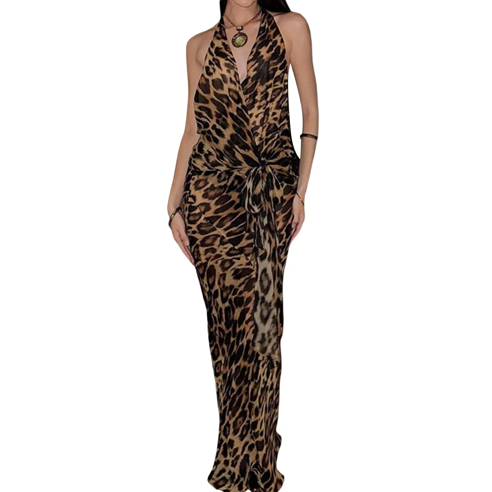 2 Piece Skirt Set Leopard Print Mesh V-Neck Tie-Up Halter Tank Tops Maxi Casual Women's Dress