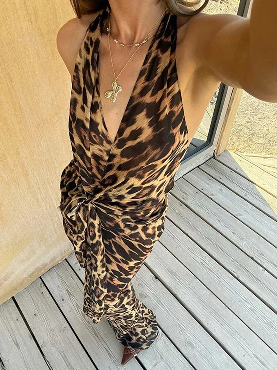 2 Piece Skirt Set Leopard Print Mesh V-Neck Tie-Up Halter Tank Tops Maxi Casual Women's Dress