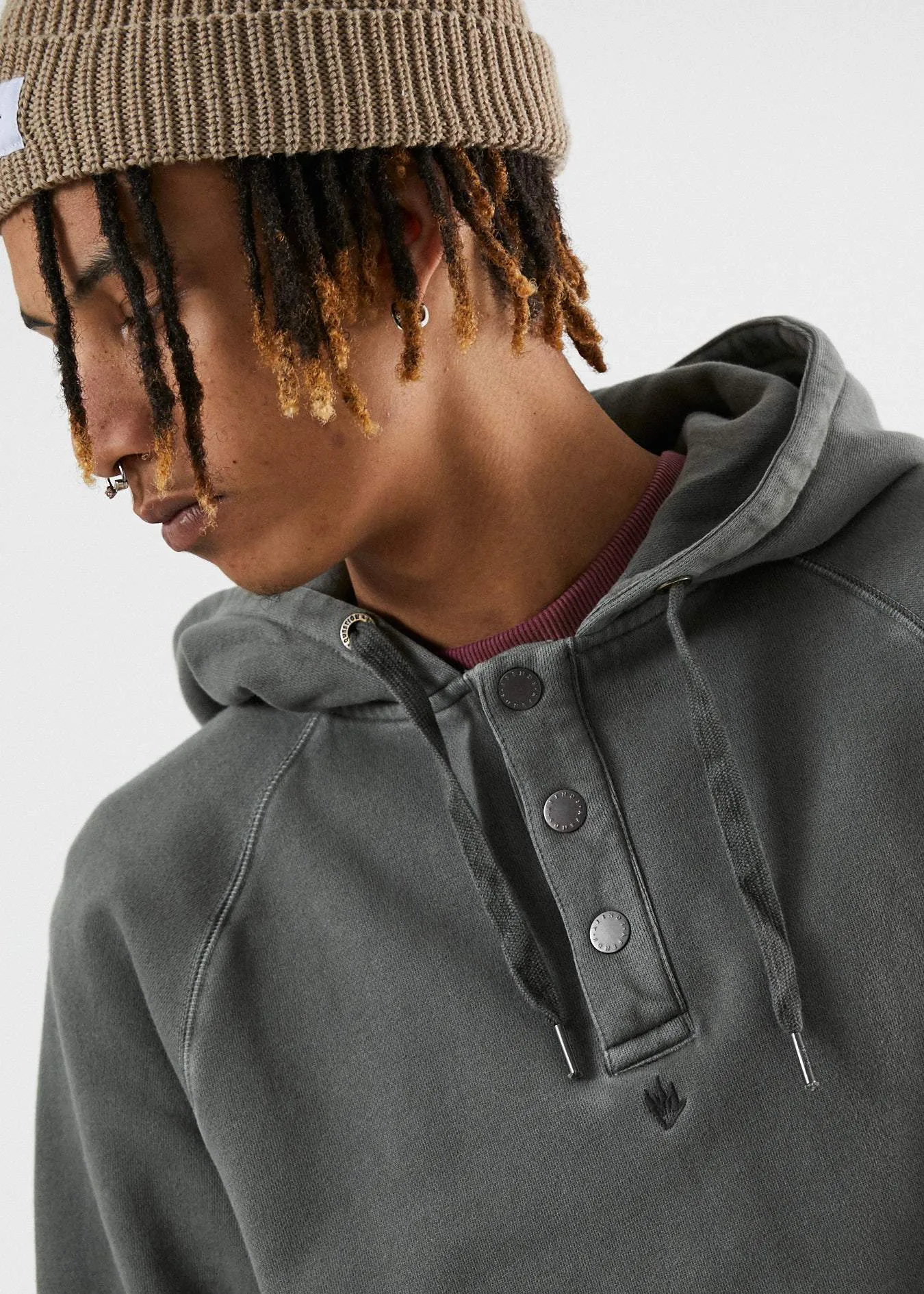 Afends Mens Slab City - Raglan Pull On Hood - Gunmetal