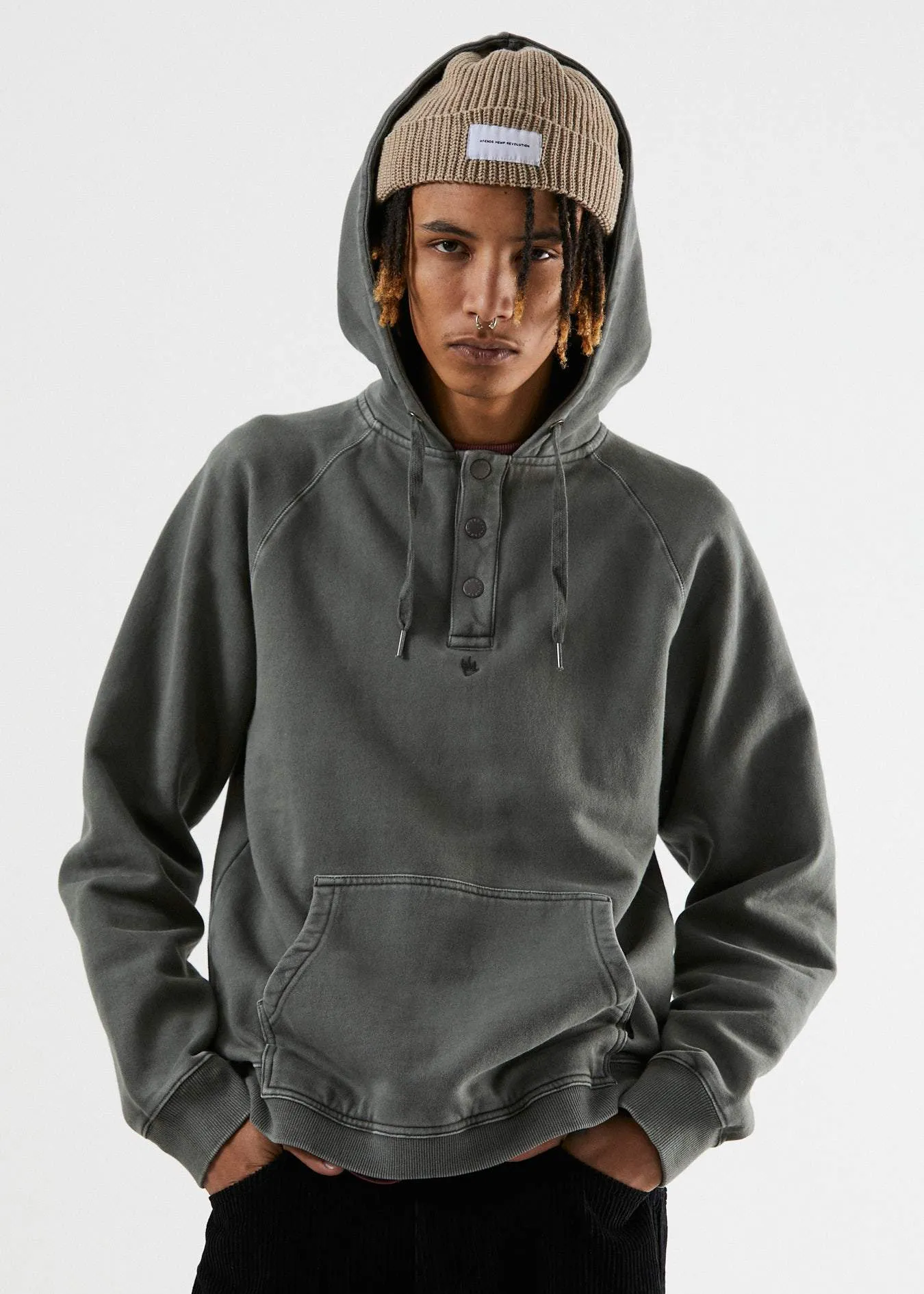 Afends Mens Slab City - Raglan Pull On Hood - Gunmetal