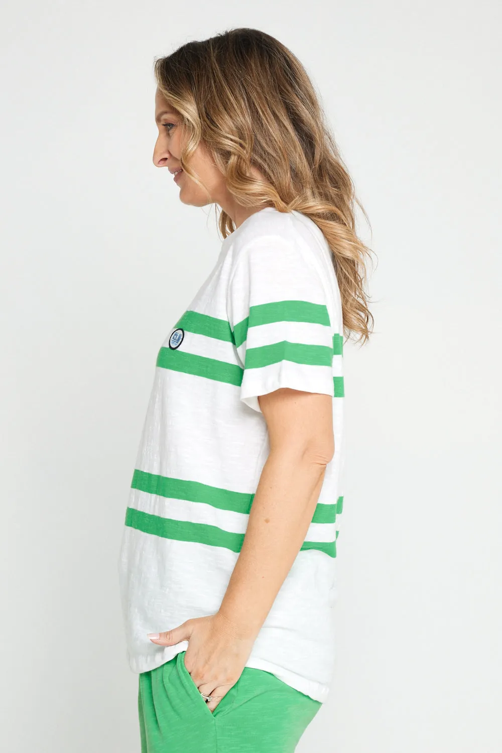 Allegra Short Sleeve Tee - White/Greenbriar Stripe