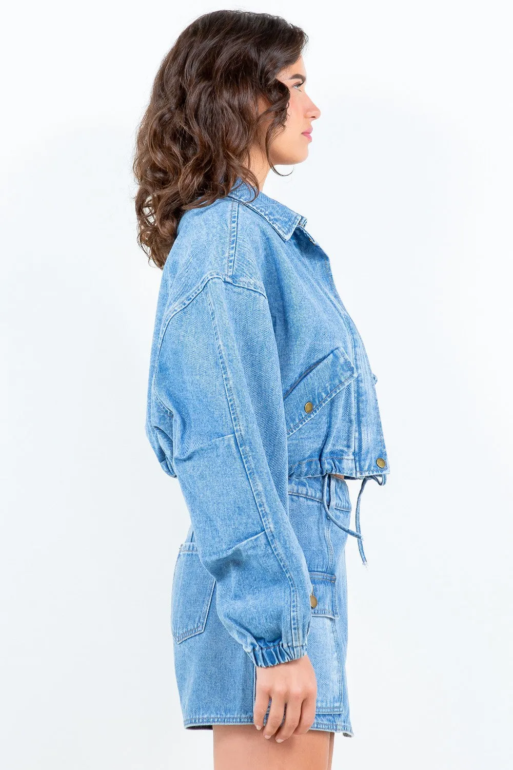 American Bazi Drawstring Waist Crop Denim Jacket