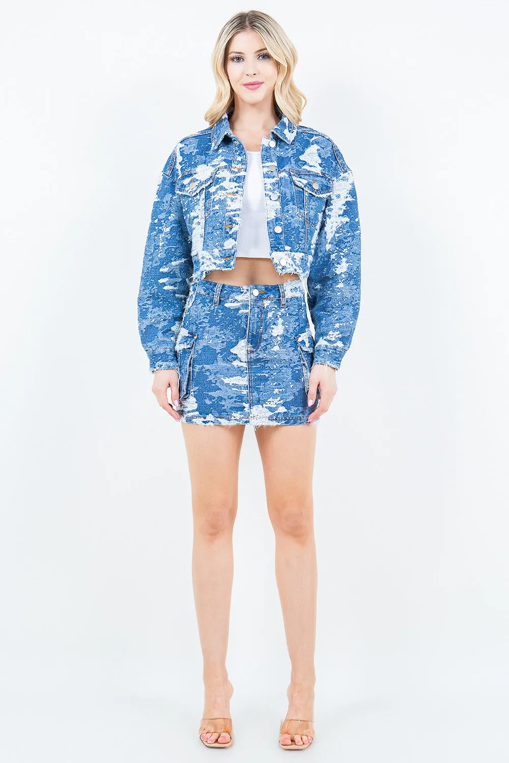 American Bazi Jacquard Trim Cropped Denim Jacket