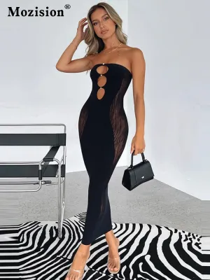 Amozae   Hollow Out Mesh Long Dress Women   Summer Strapless Backless Sleeveless Bodycon Elegant Black Maxi Dress Outfit