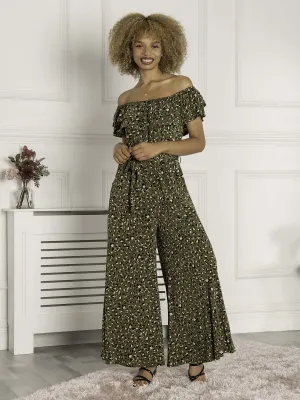 Animal Print Ruffle Jumpsuit, Green Animal