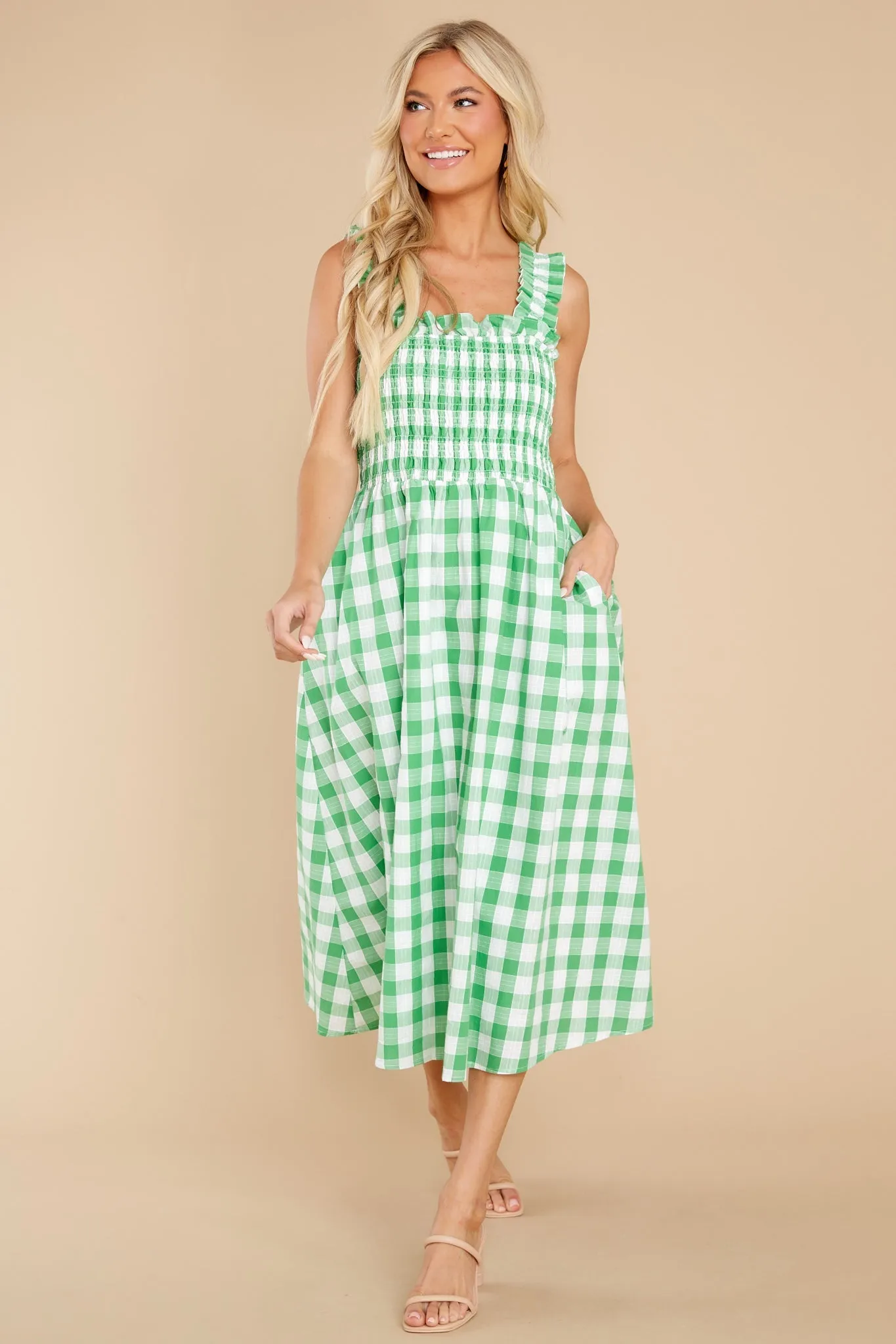 Away From Here Green Gingham Cotton Midi Dress