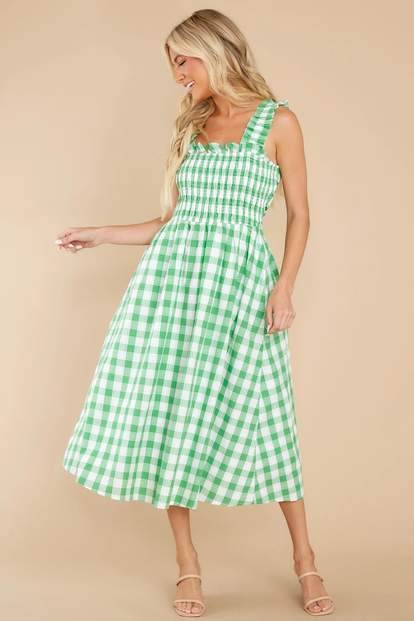 Away From Here Green Gingham Cotton Midi Dress