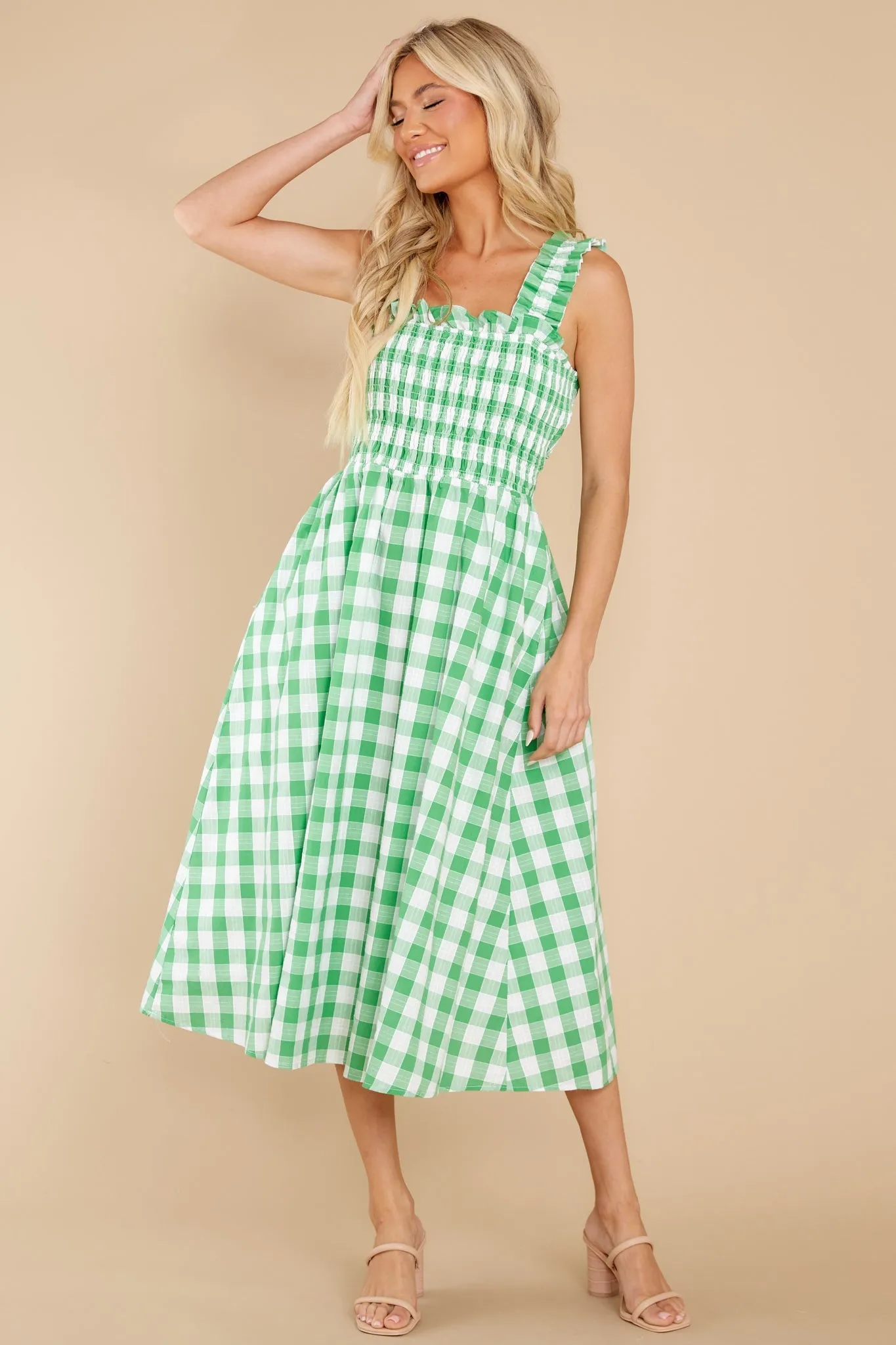 Away From Here Green Gingham Cotton Midi Dress