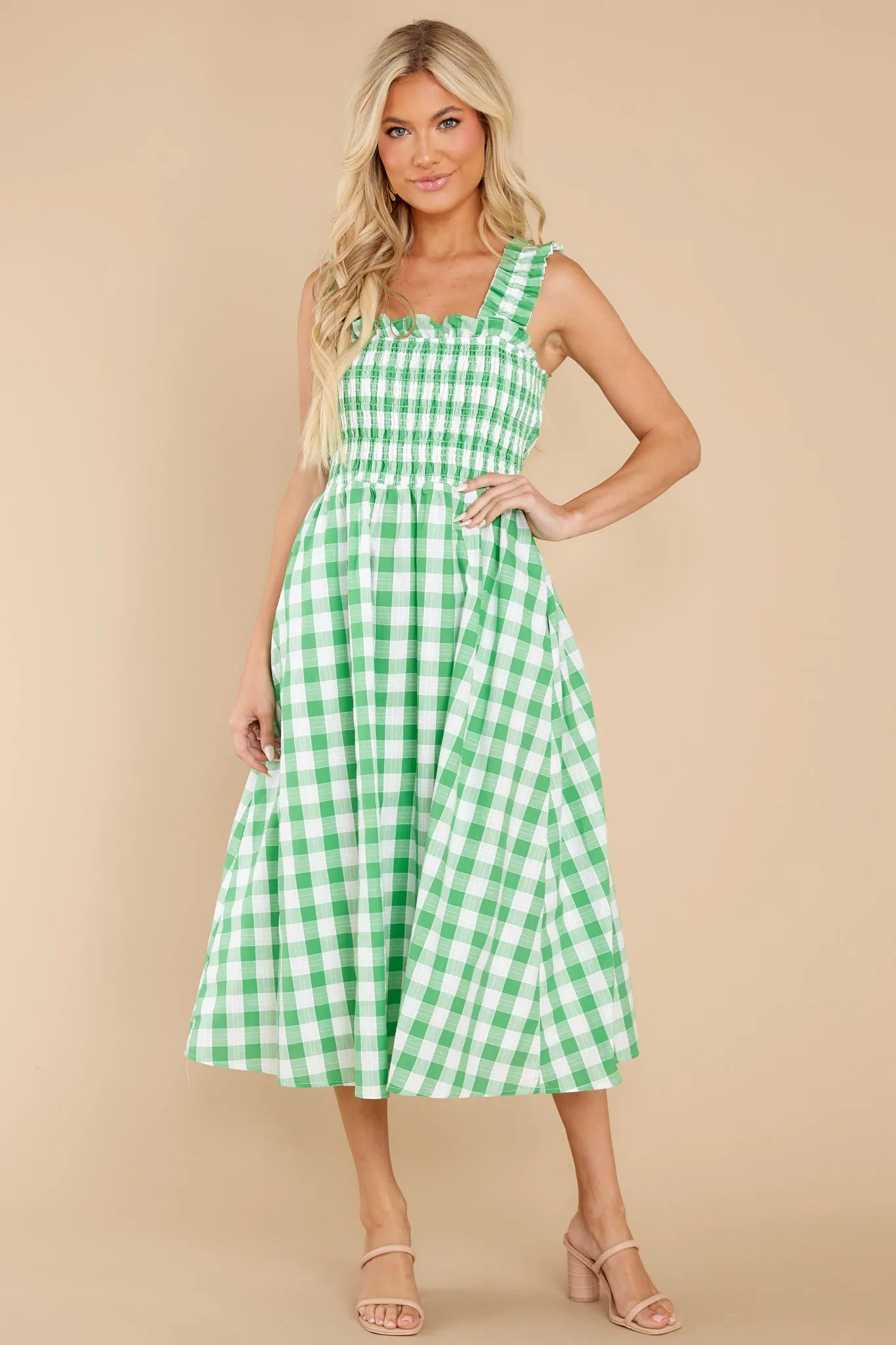 Away From Here Green Gingham Cotton Midi Dress