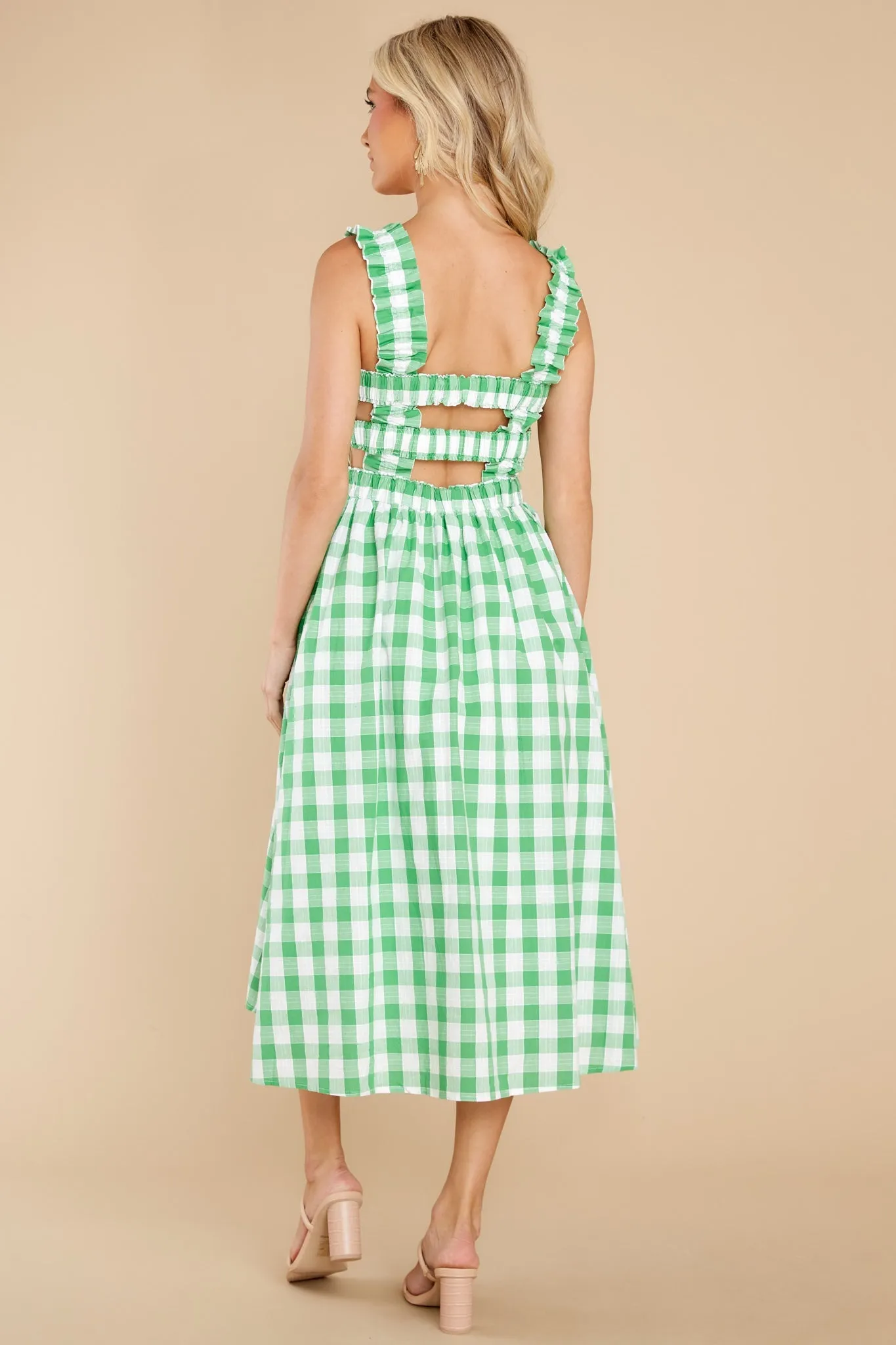 Away From Here Green Gingham Cotton Midi Dress