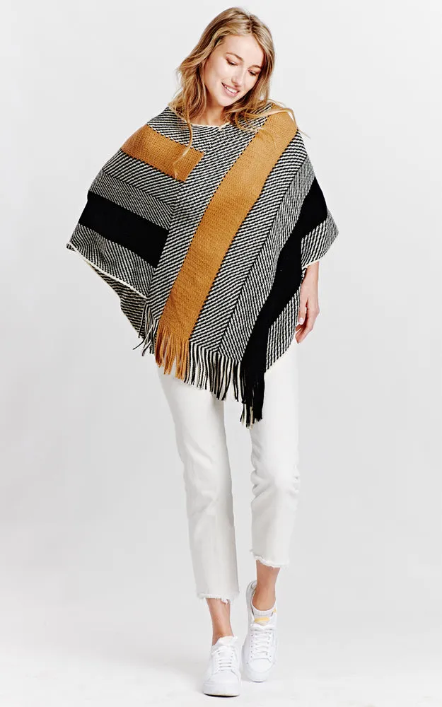 BAAP2057 Herringbone Stripe Pattern Poncho w/Fringes