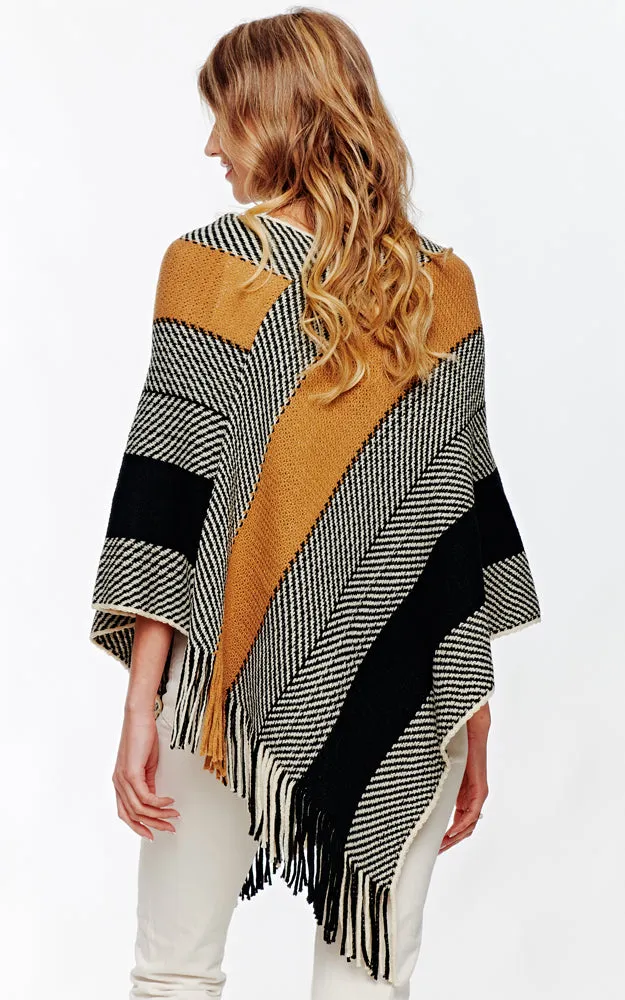 BAAP2057 Herringbone Stripe Pattern Poncho w/Fringes