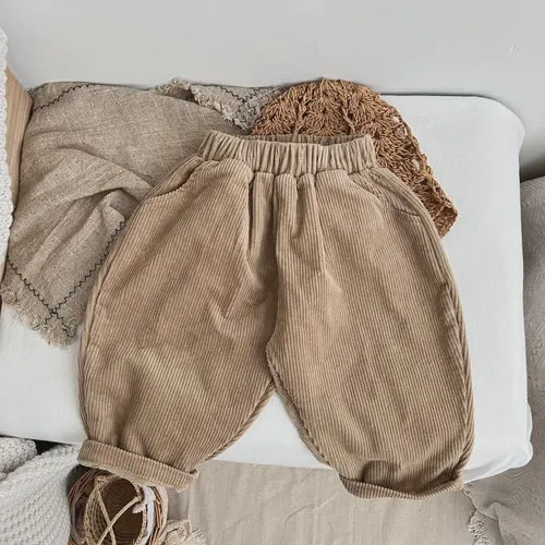 Baby Boy And Girl Solid Color Corduroy Fabric Long Pants With Pockets