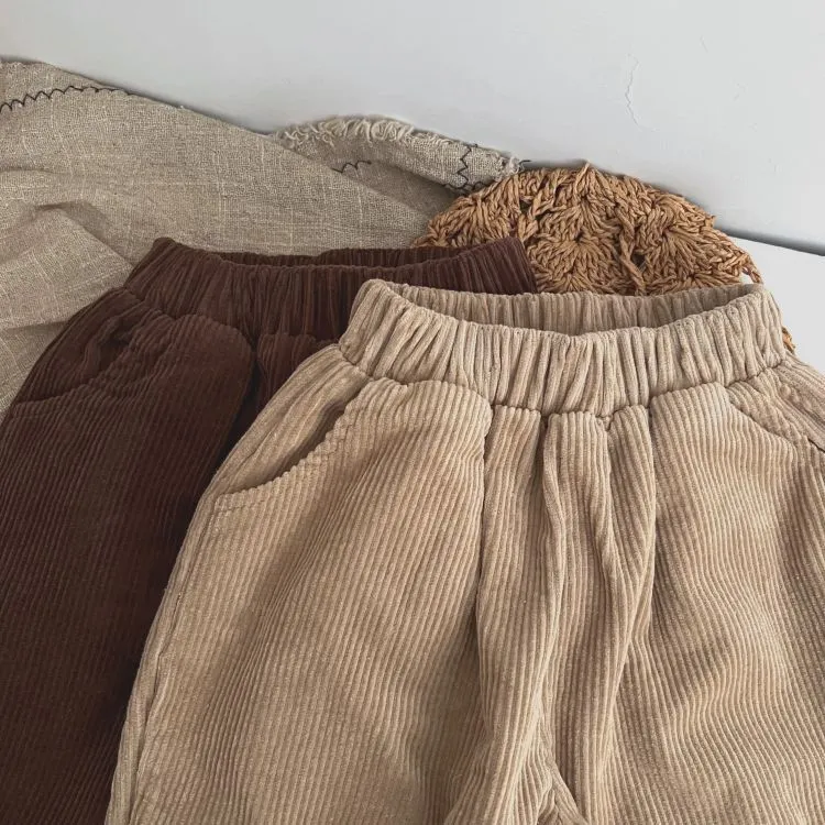 Baby Boy And Girl Solid Color Corduroy Fabric Long Pants With Pockets