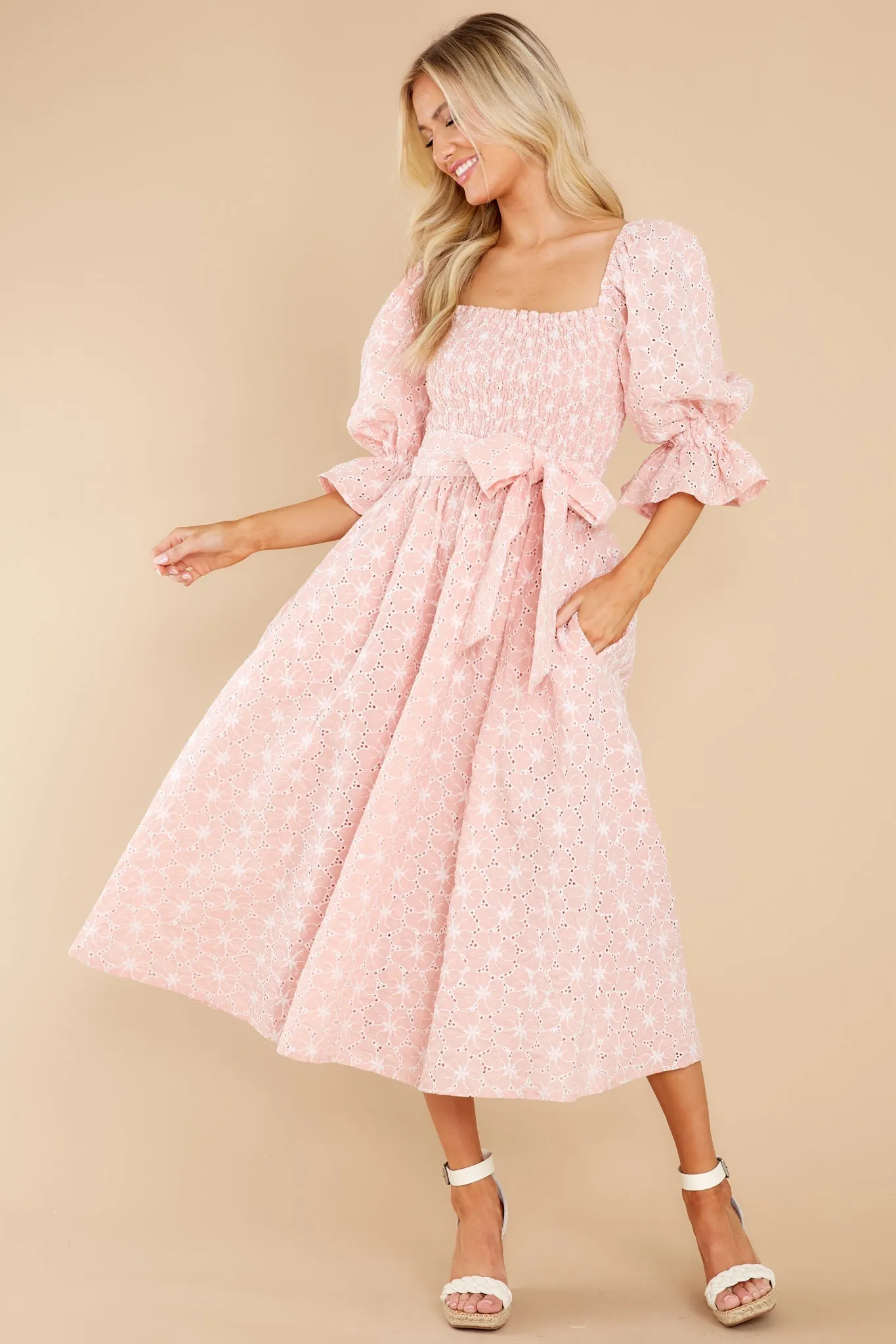 Beautiful Glow Blush Pink Floral Eyelet Dress