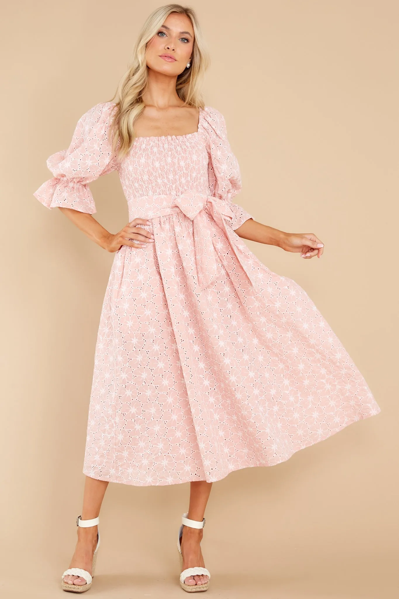 Beautiful Glow Blush Pink Floral Eyelet Dress