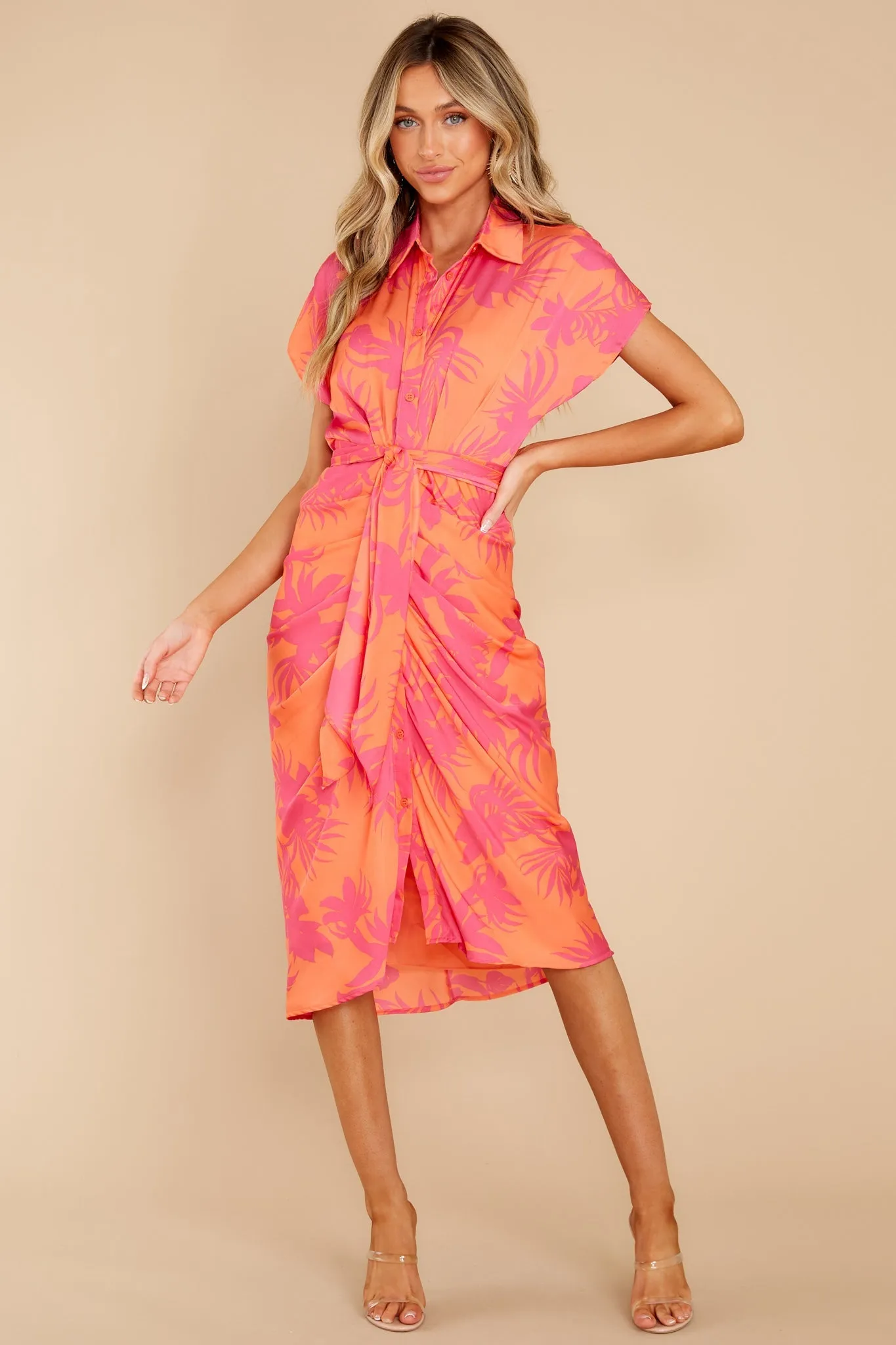 Beautiful Smile Hot Pink And Orange Leaf Print Midi Dress