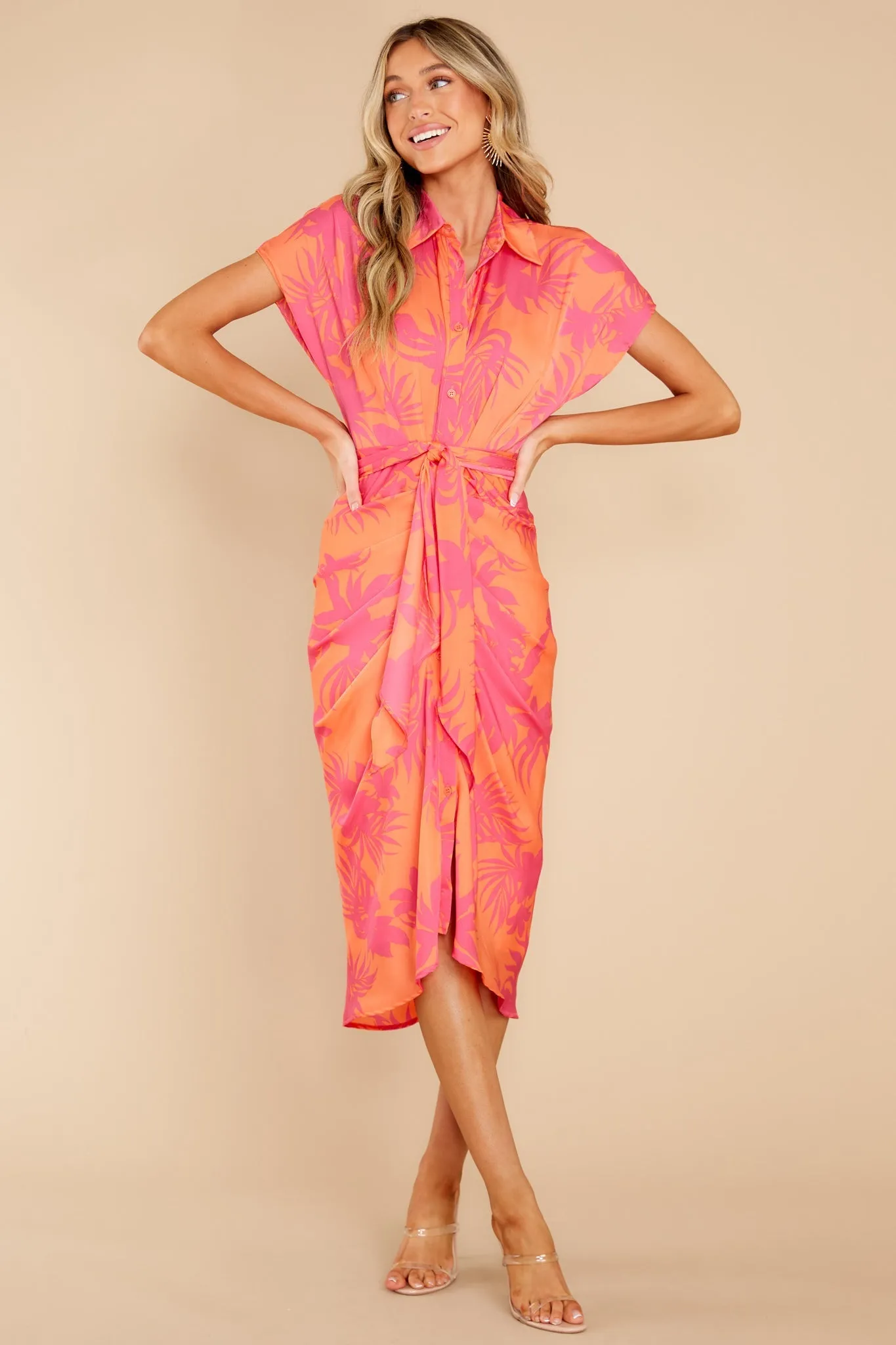 Beautiful Smile Hot Pink And Orange Leaf Print Midi Dress