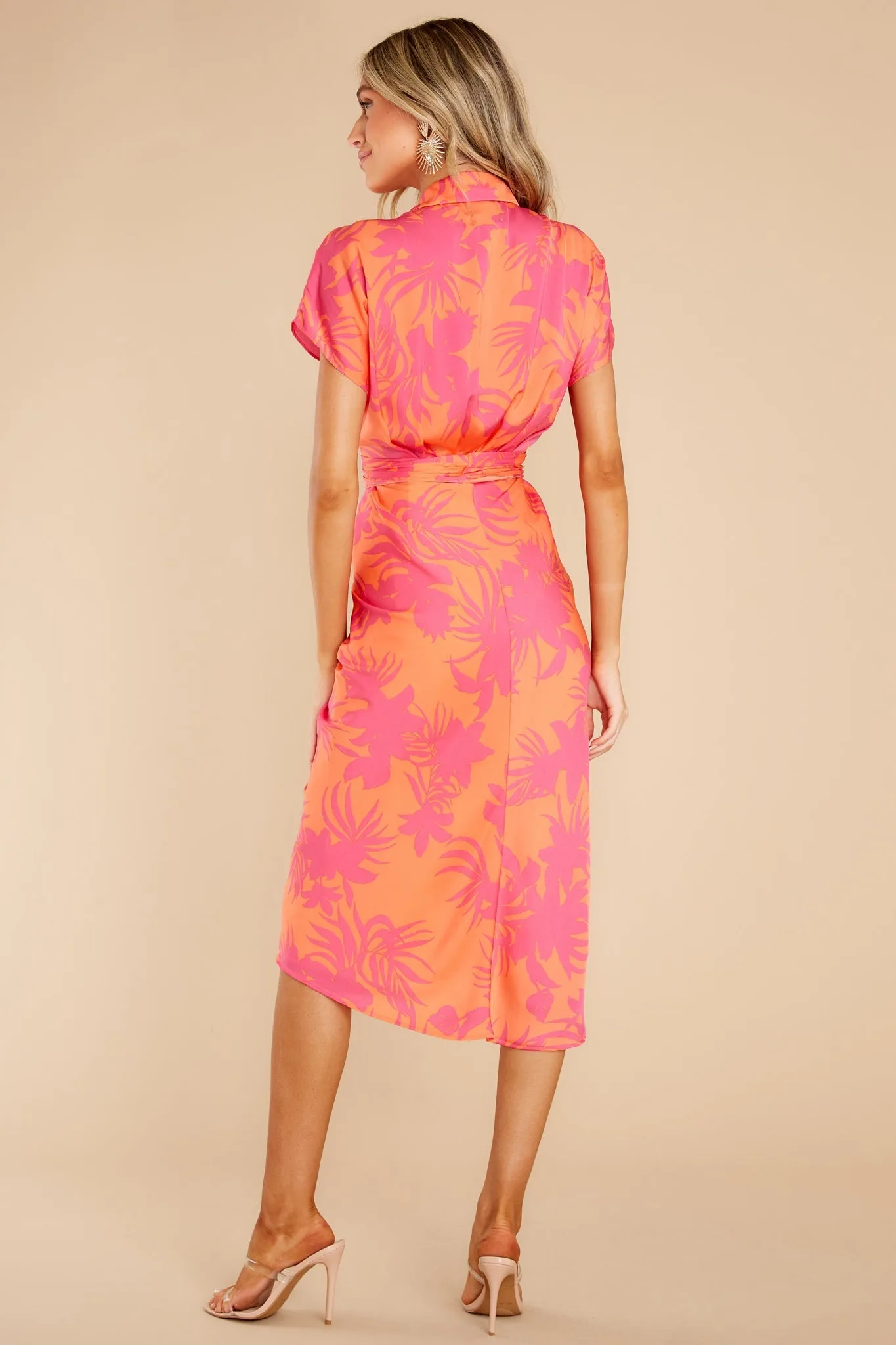 Beautiful Smile Hot Pink And Orange Leaf Print Midi Dress