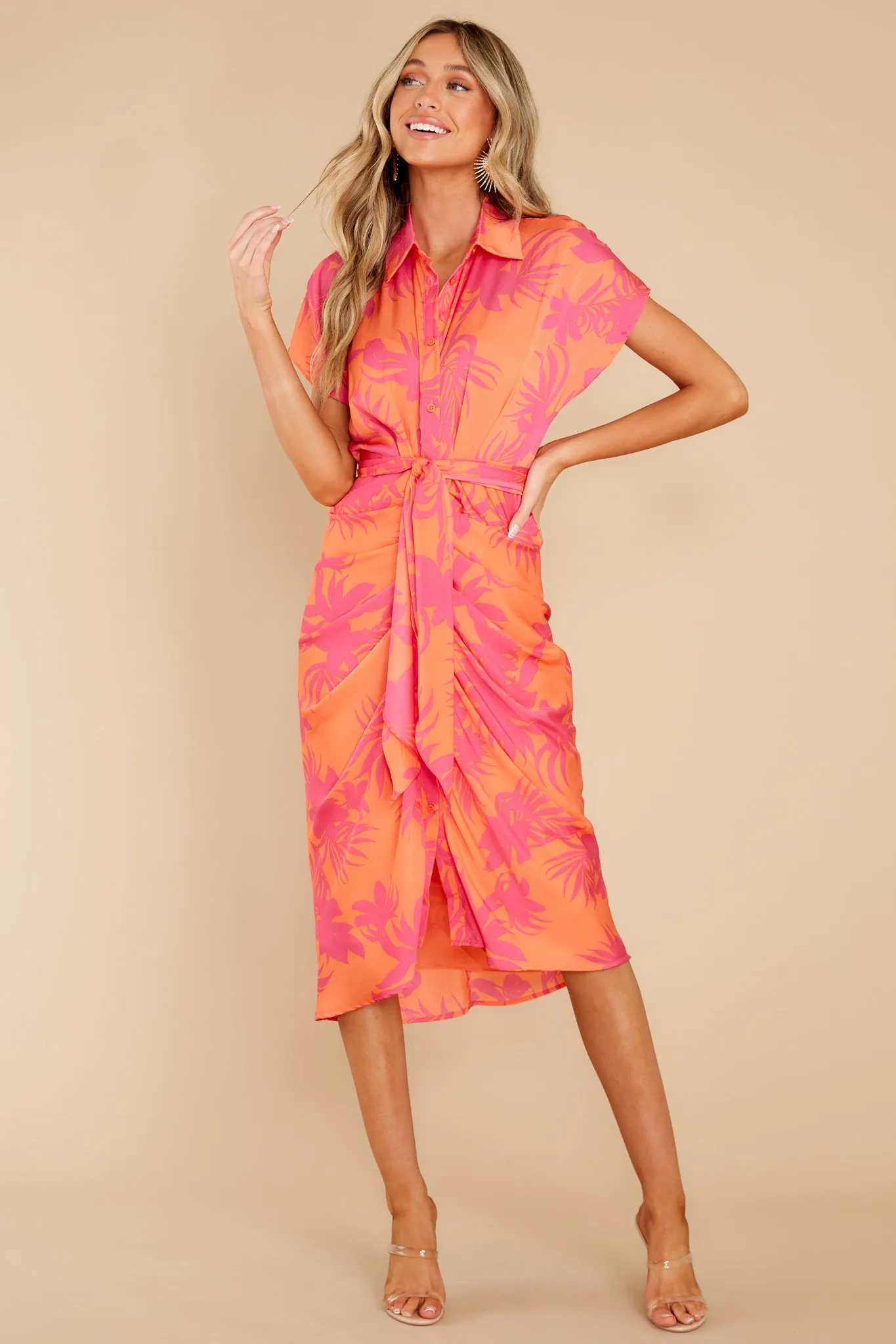 Beautiful Smile Hot Pink And Orange Leaf Print Midi Dress