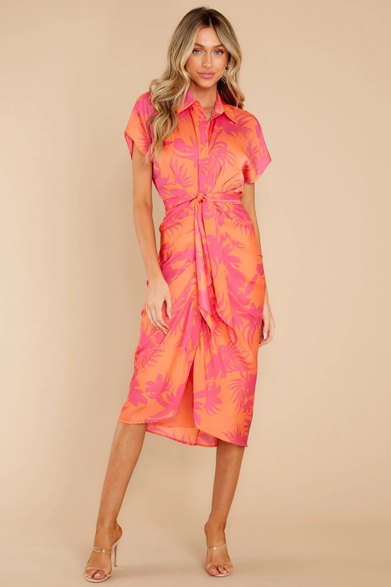 Beautiful Smile Hot Pink And Orange Leaf Print Midi Dress