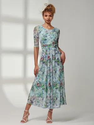 Bella Print 3/4 Sleeve Mesh Maxi Dress, Green Floral