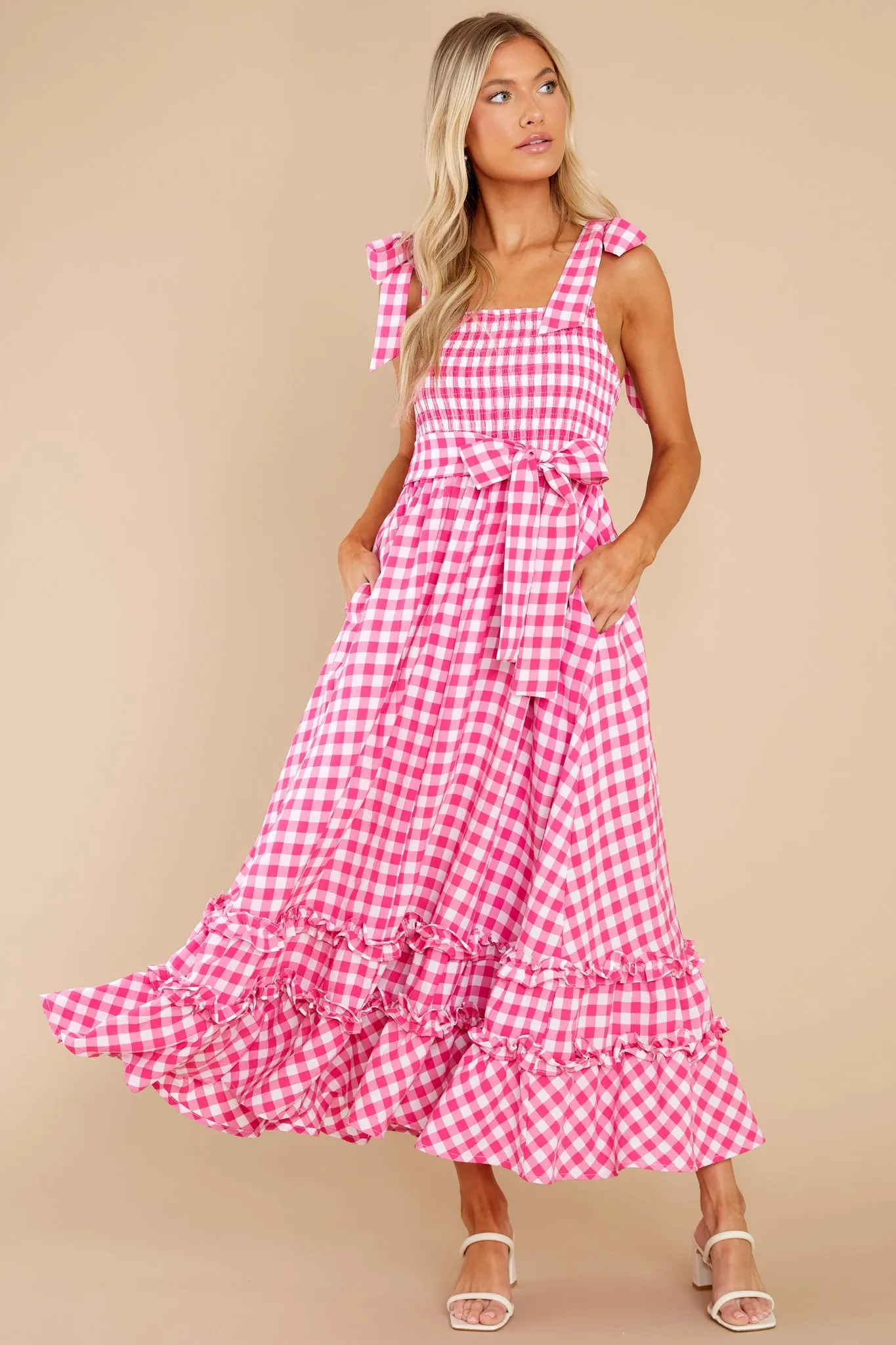 Beyond Basic Hot Pink Gingham Maxi Dress