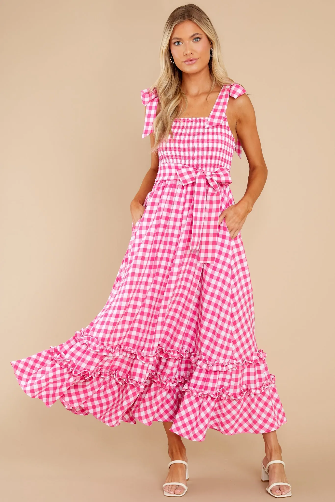 Beyond Basic Hot Pink Gingham Maxi Dress