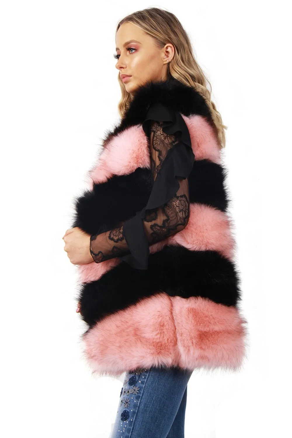 Black and Pink Stripe Faux Fur Gilet