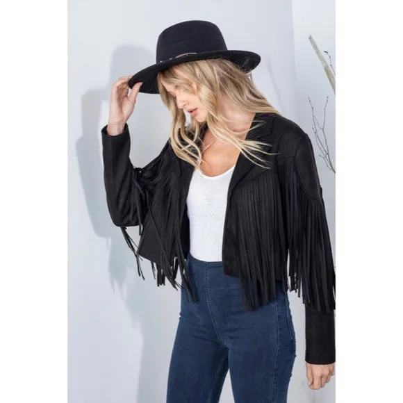 Black Faux Leather Suede Fringe Cropped Western Boho Moto Jacket Women's