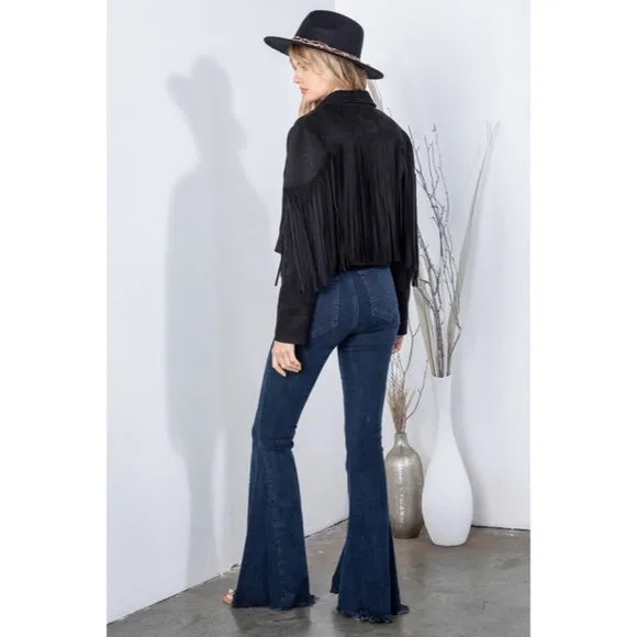 Black Faux Leather Suede Fringe Cropped Western Boho Moto Jacket Women's