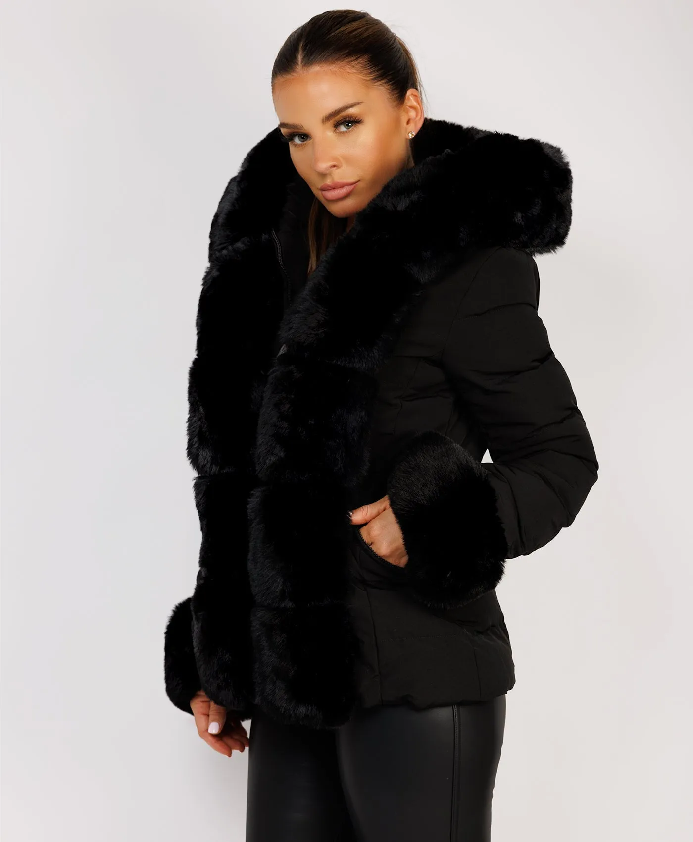 Black Premium Faux Fur Trim Padded Parka Coat