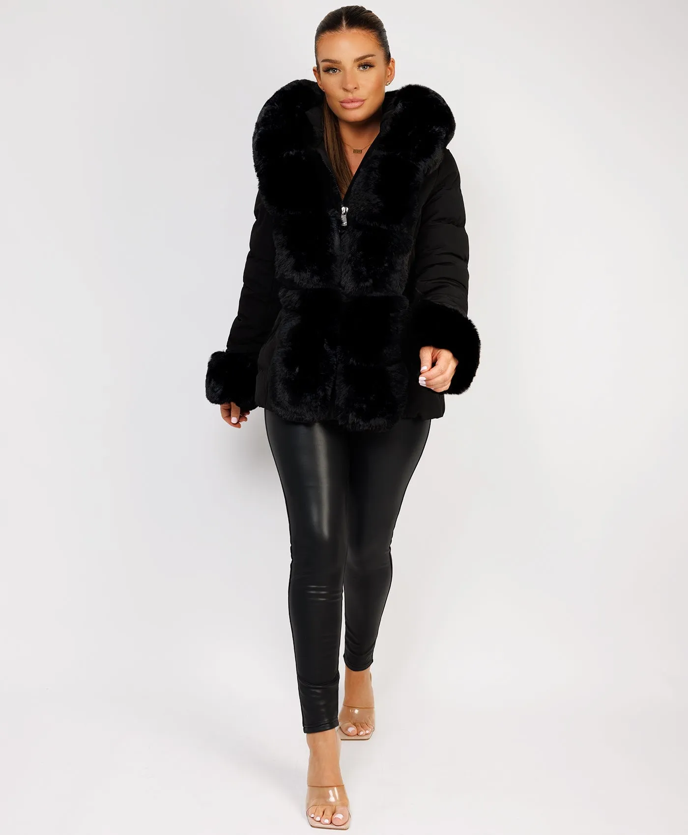 Black Premium Faux Fur Trim Padded Parka Coat