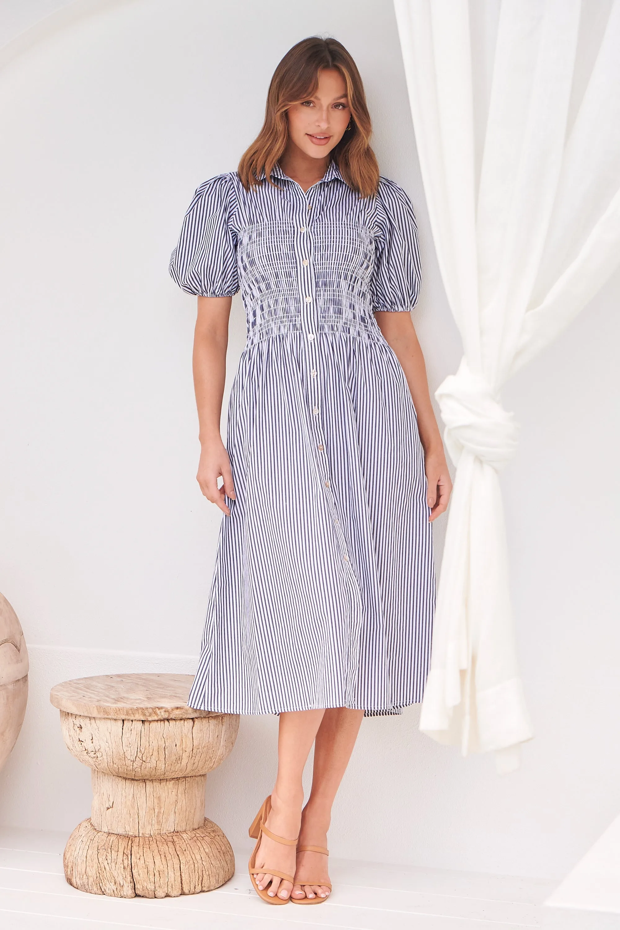 Blu Collared Blue/White Striped Button Front Midi Dress