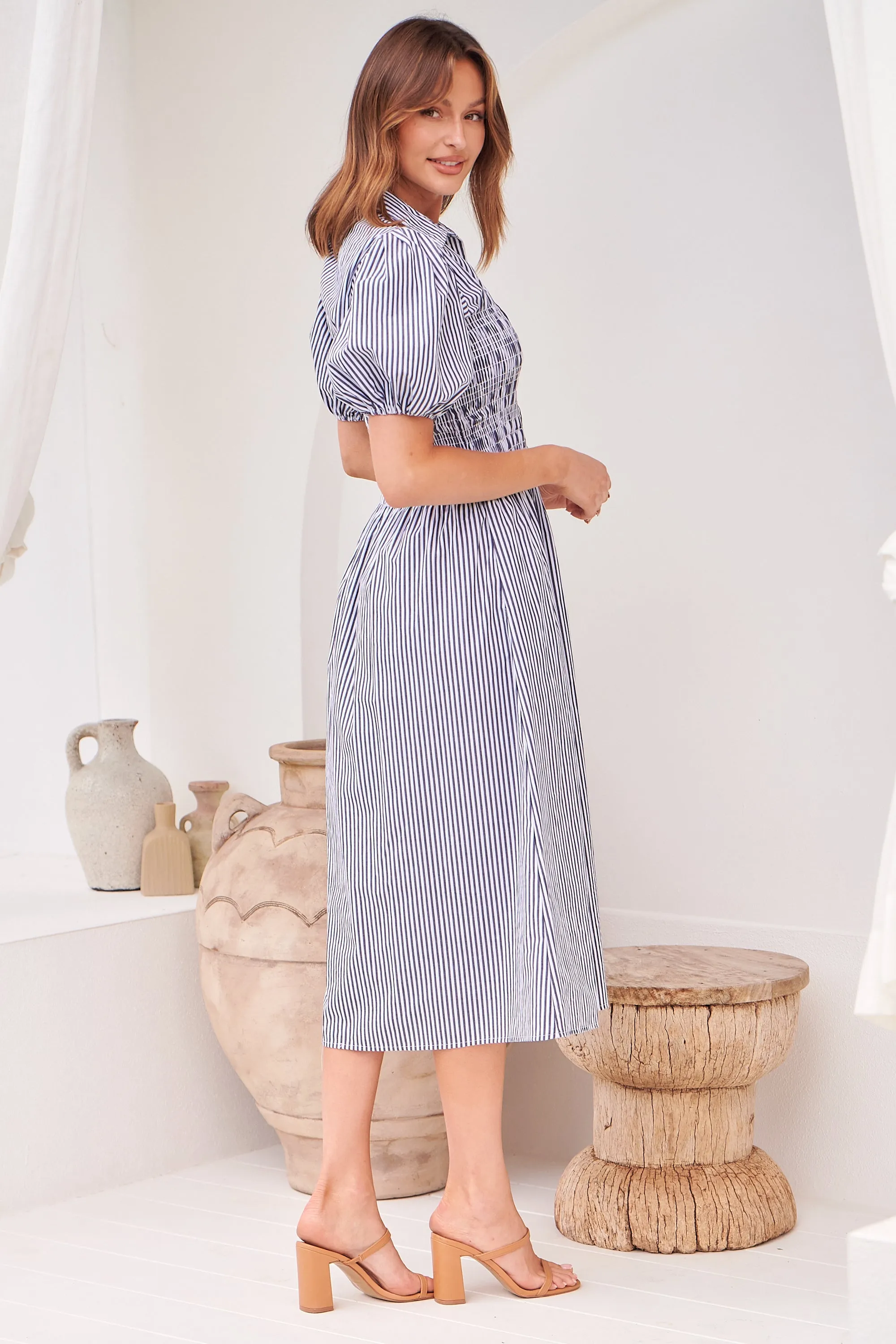 Blu Collared Blue/White Striped Button Front Midi Dress