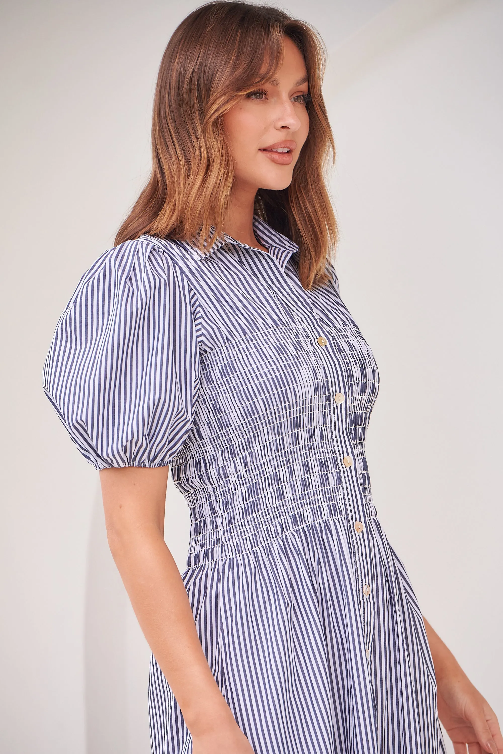 Blu Collared Blue/White Striped Button Front Midi Dress