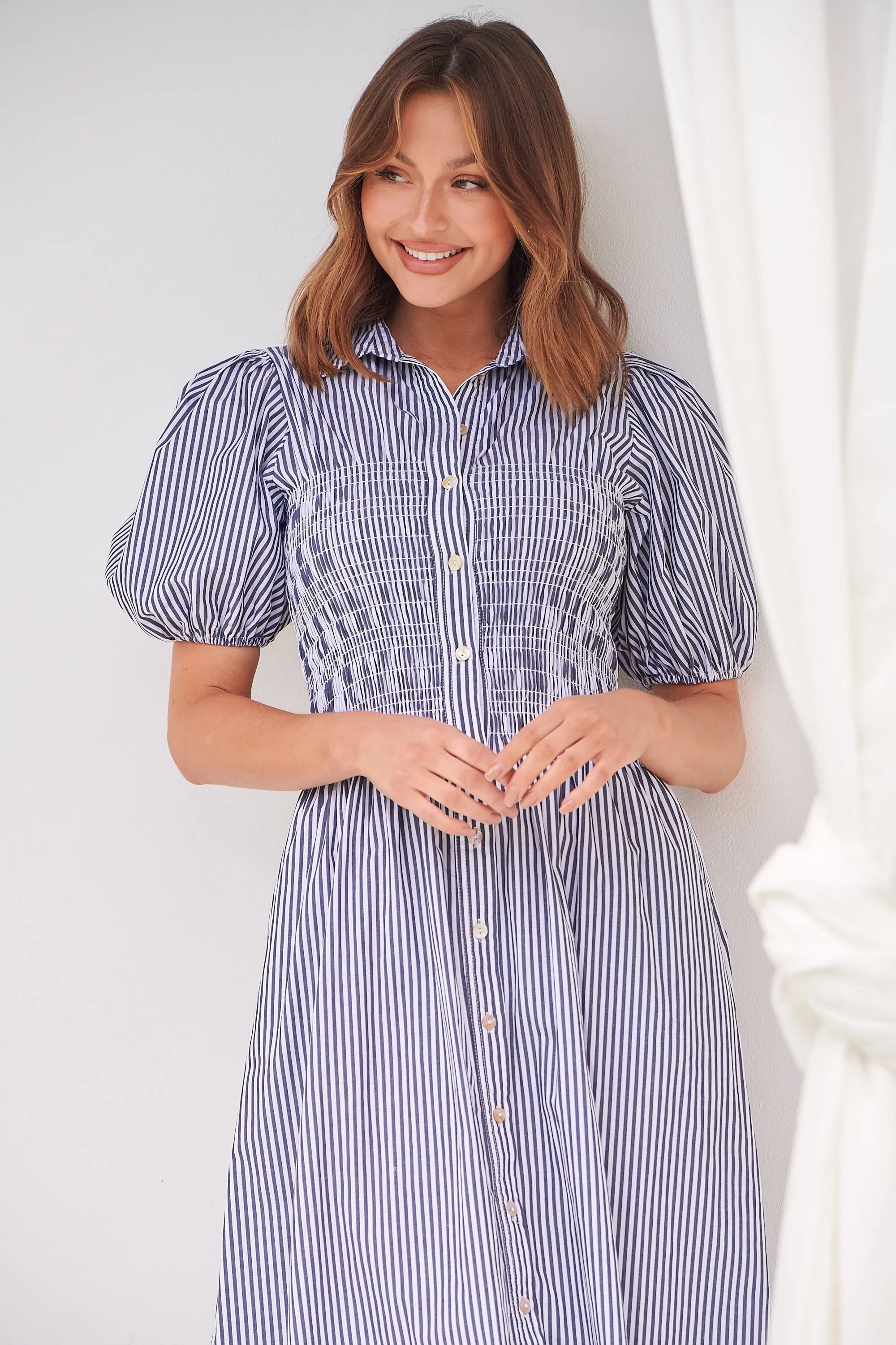 Blu Collared Blue/White Striped Button Front Midi Dress