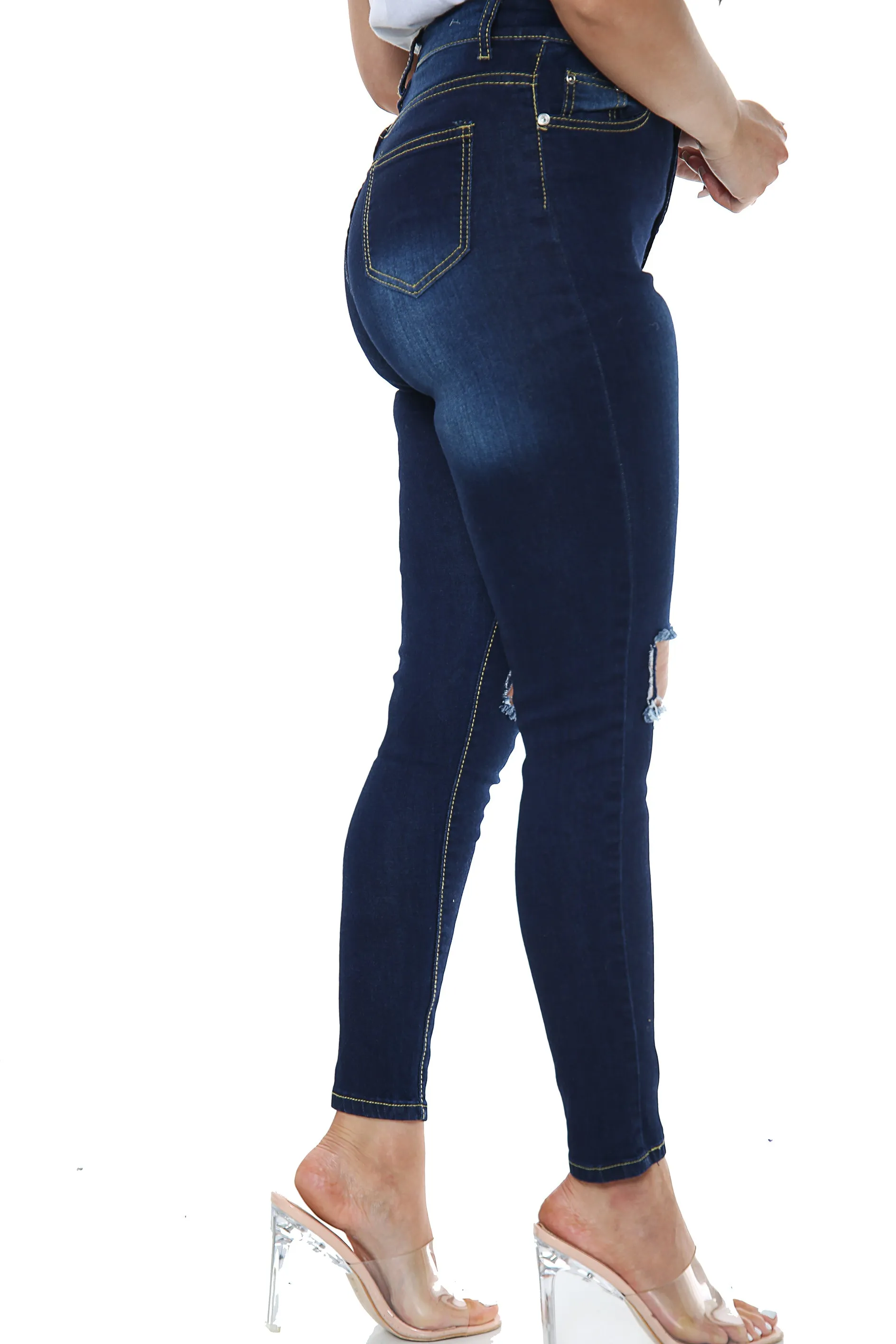 Blue Denim Skinny Jeans in a High Waisted fit with ripped front details