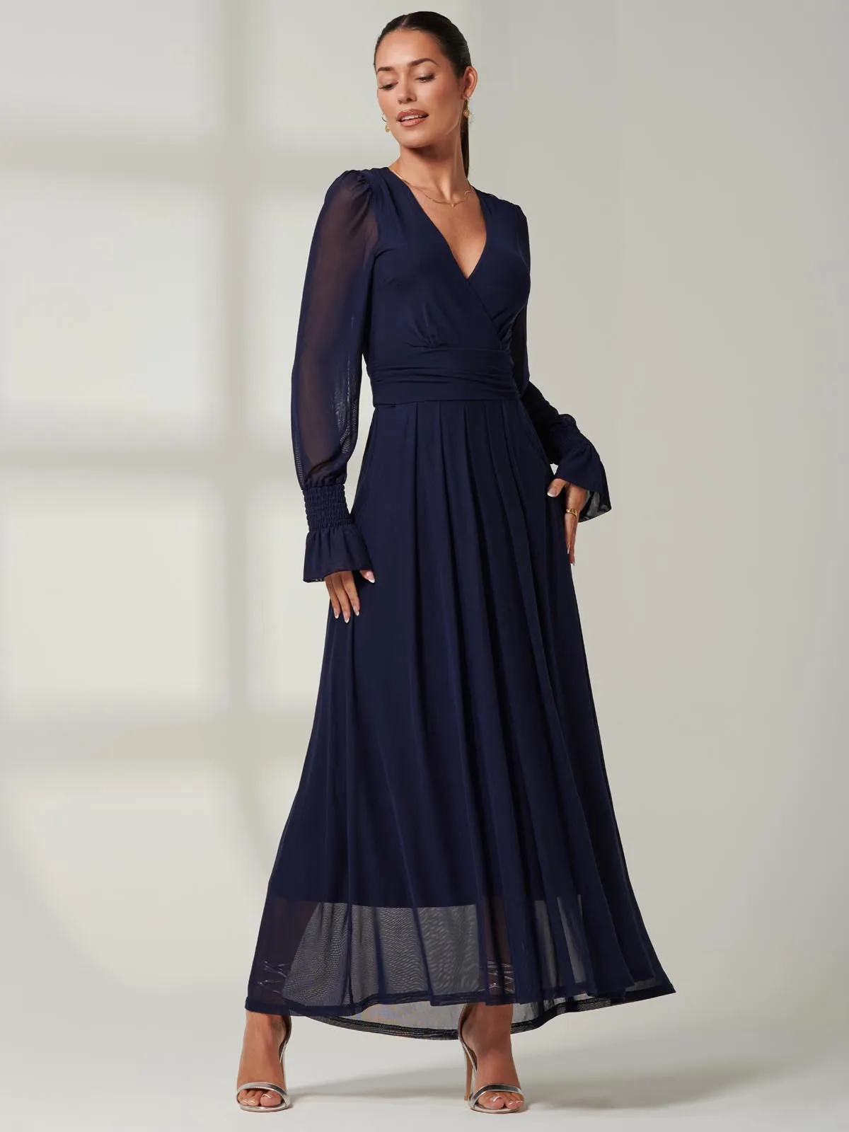 Blue Greta Long Sleeve Mesh Maxi Dress, Navy