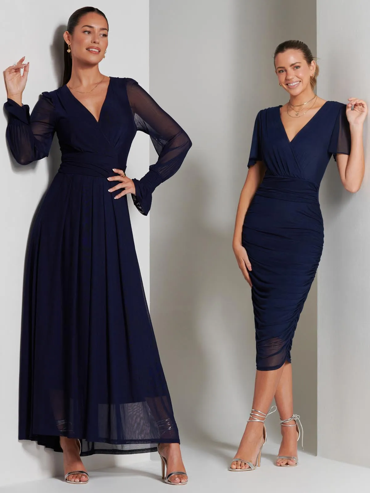 Blue Greta Long Sleeve Mesh Maxi Dress, Navy